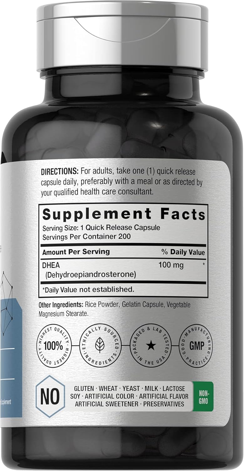 100mg DHEA Supplement for Men and Women - 200 Capsules, Non-GMO & Gluten Free by Horbäach
