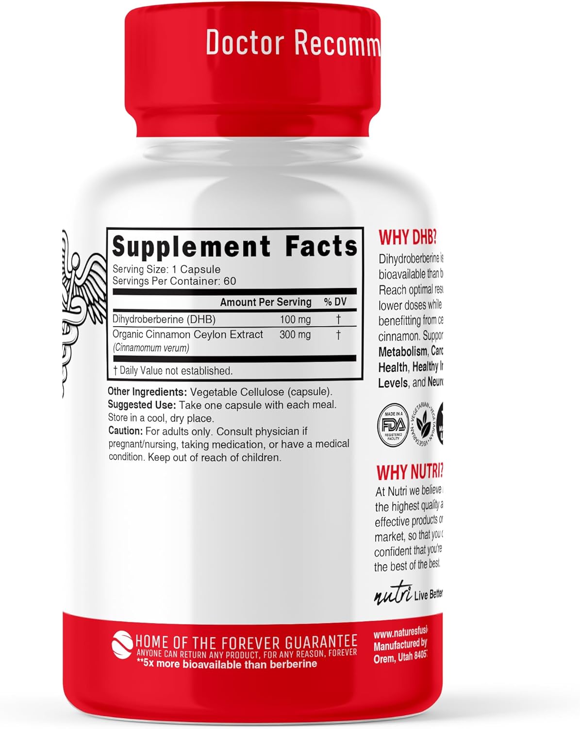 100mg Dihydroberberine Supplement with Ceylon Cinnamon - 60 Capsules - 5X More Effective Than Berberine HCL - Nature's Fusions
