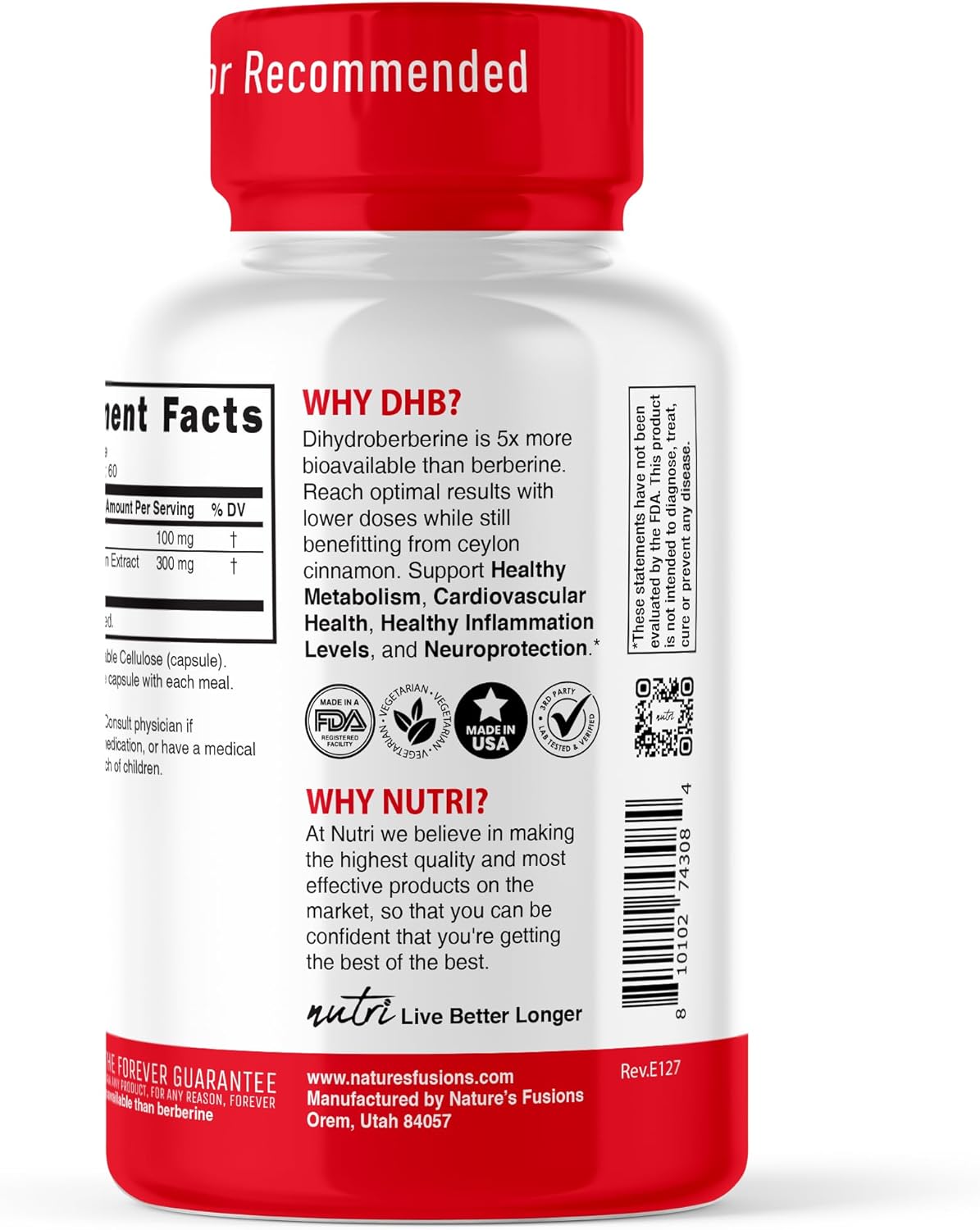 100mg Dihydroberberine Supplement with Ceylon Cinnamon - 60 Capsules - 5X More Effective Than Berberine HCL - Nature's Fusions
