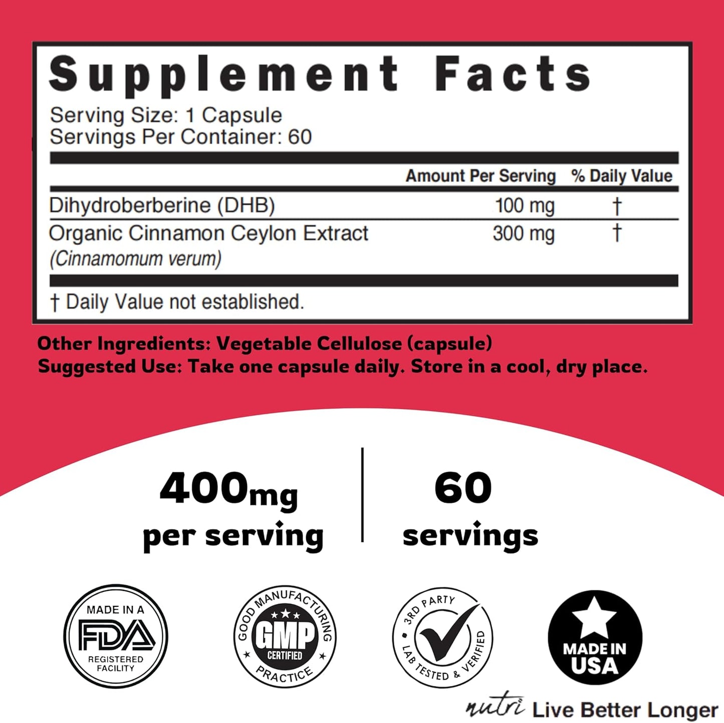 100mg Dihydroberberine Supplement with Ceylon Cinnamon - 60 Capsules - 5X More Effective Than Berberine HCL - Nature's Fusions