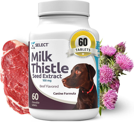 100mg Milk Thistle Tablets for Dogs - 60 Beef Flavored Canine Liver Health Supplements