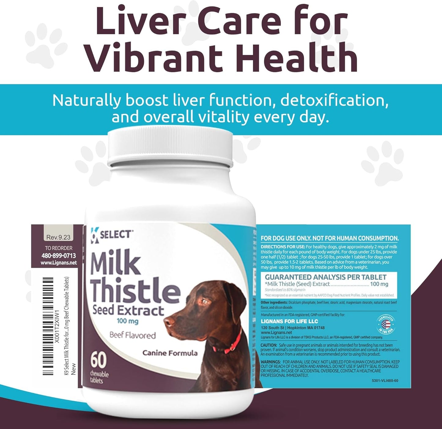 100mg Milk Thistle Tablets for Dogs - 60 Beef Flavored Canine Liver Health Supplements