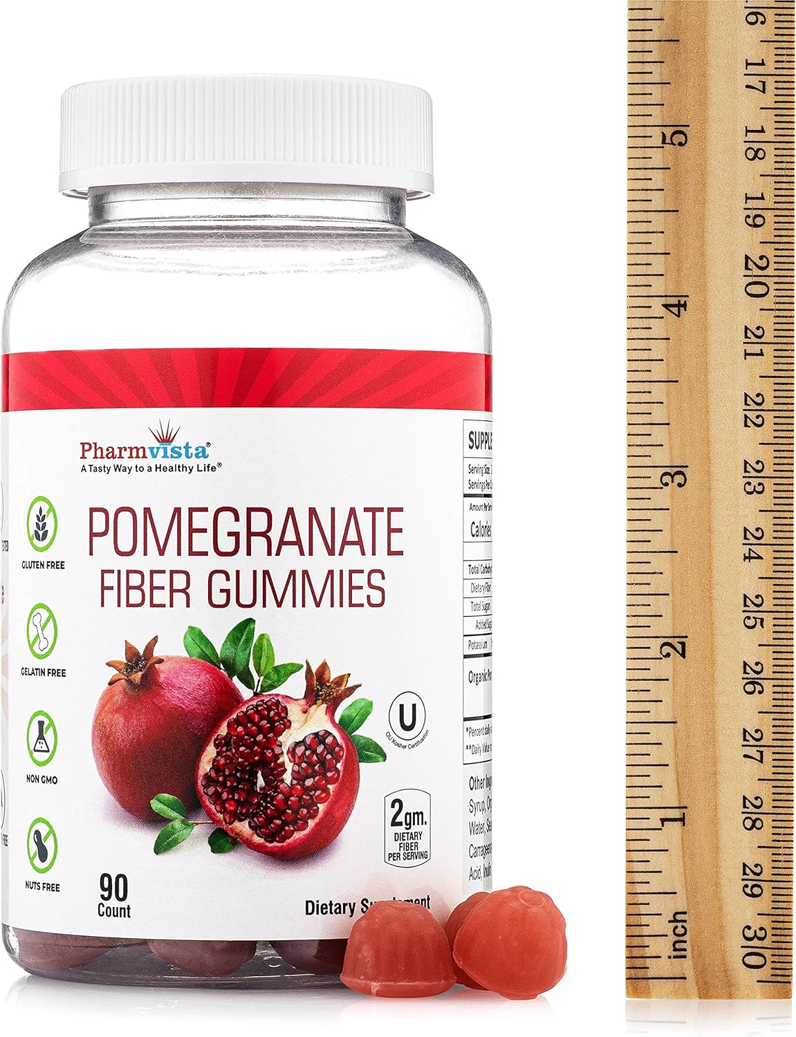 100mg Pomegranate Fiber Gummies for Adults & Kids - 90 Count, Gluten Free & Vegan Dietary Fiber Supplement Chewables