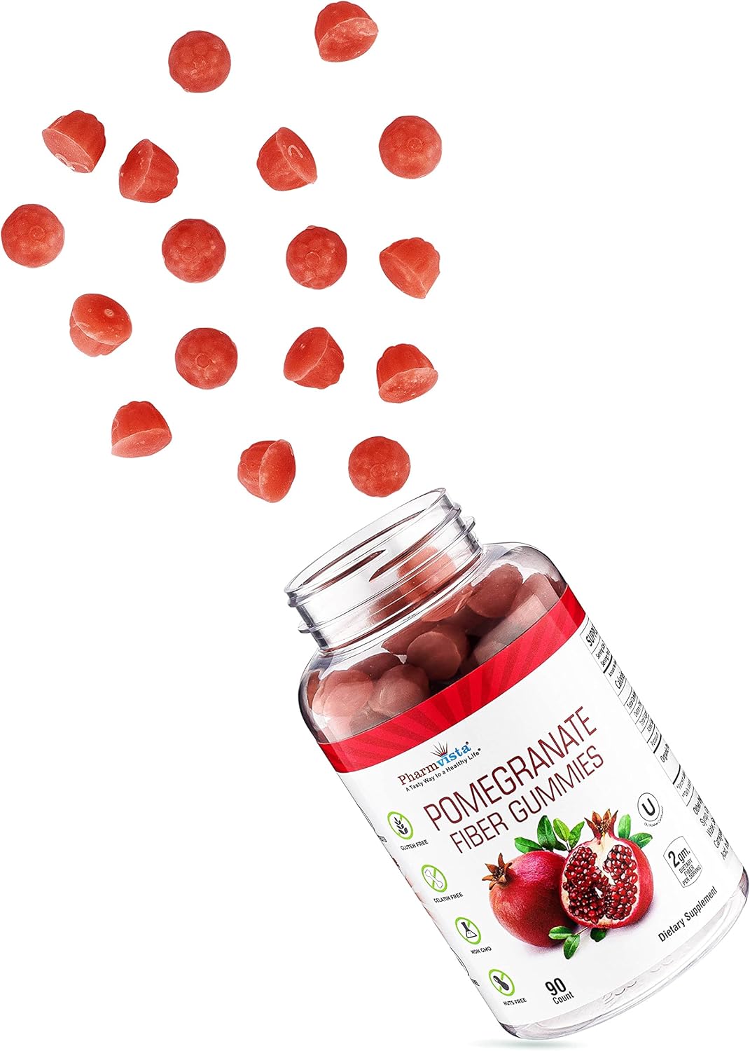 100mg Pomegranate Fiber Gummies for Adults & Kids - 90 Count, Gluten Free & Vegan Dietary Fiber Supplement Chewables