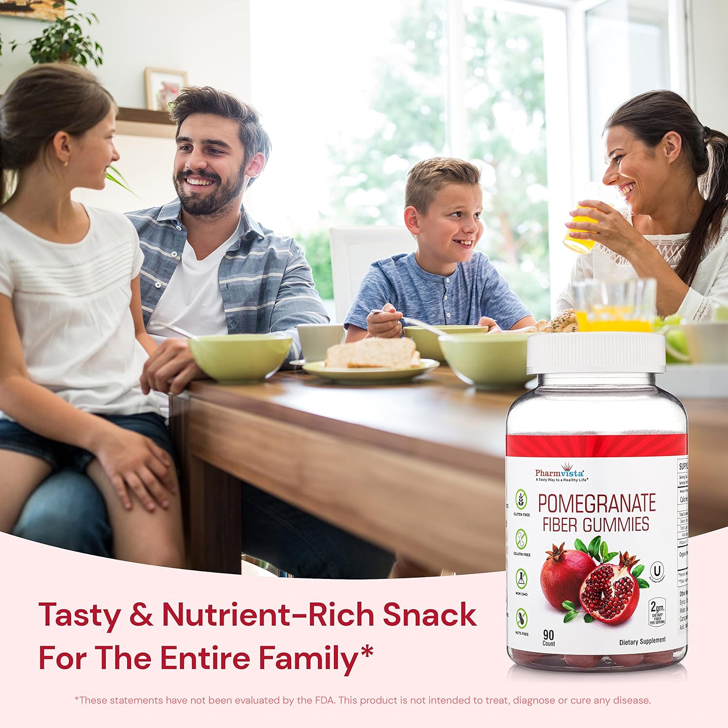 100mg Pomegranate Fiber Gummies for Adults & Kids - 90 Count, Gluten Free & Vegan Dietary Fiber Supplement Chewables