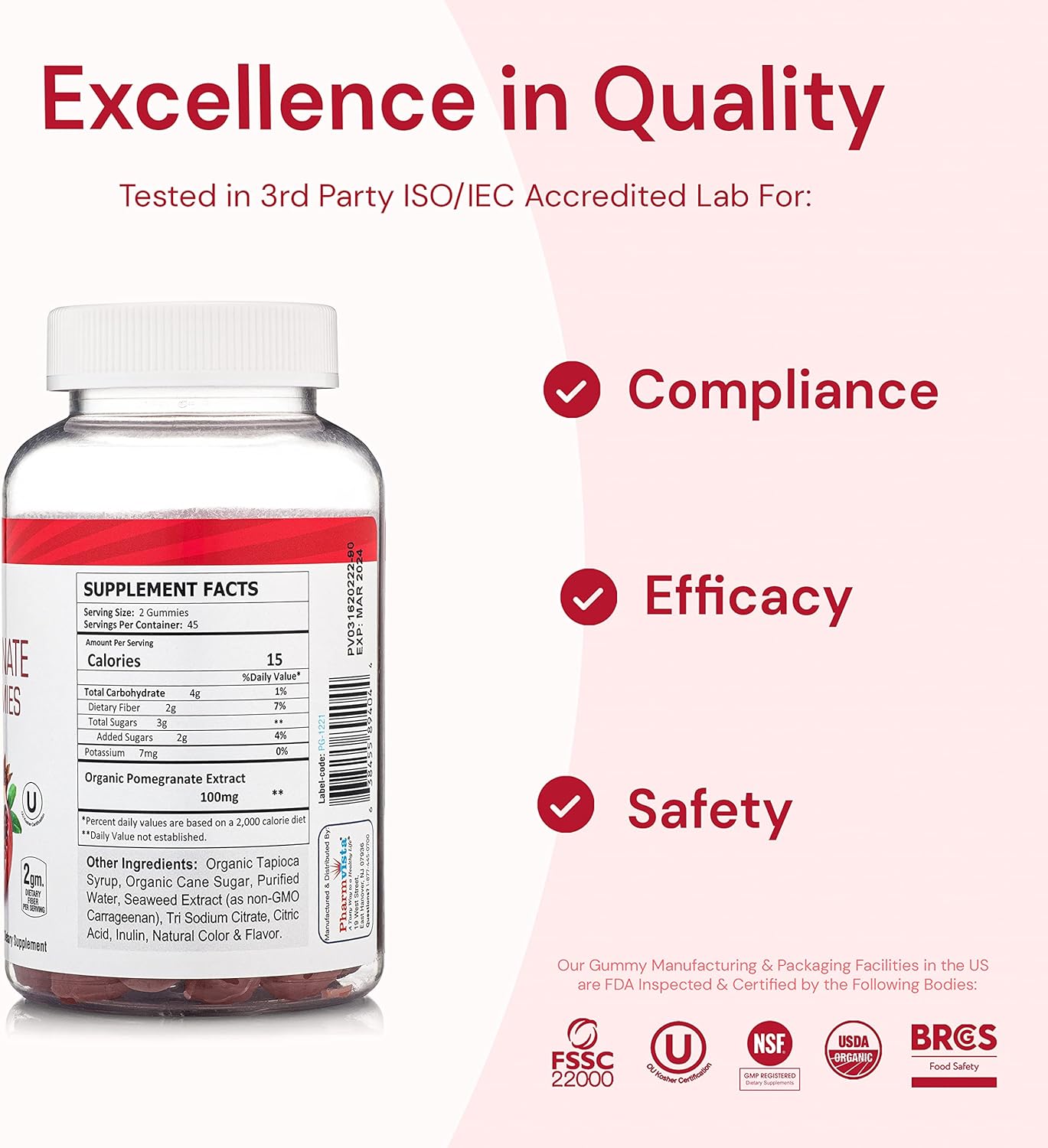 100mg Pomegranate Fiber Gummies for Adults & Kids - 90 Count, Gluten Free & Vegan Dietary Fiber Supplement Chewables