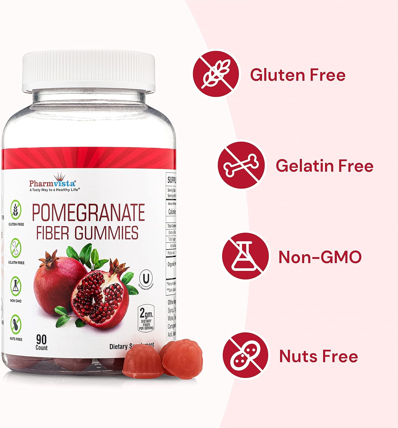 100mg Pomegranate Fiber Gummies for Adults & Kids - 90 Count, Gluten Free & Vegan Dietary Fiber Supplement Chewables