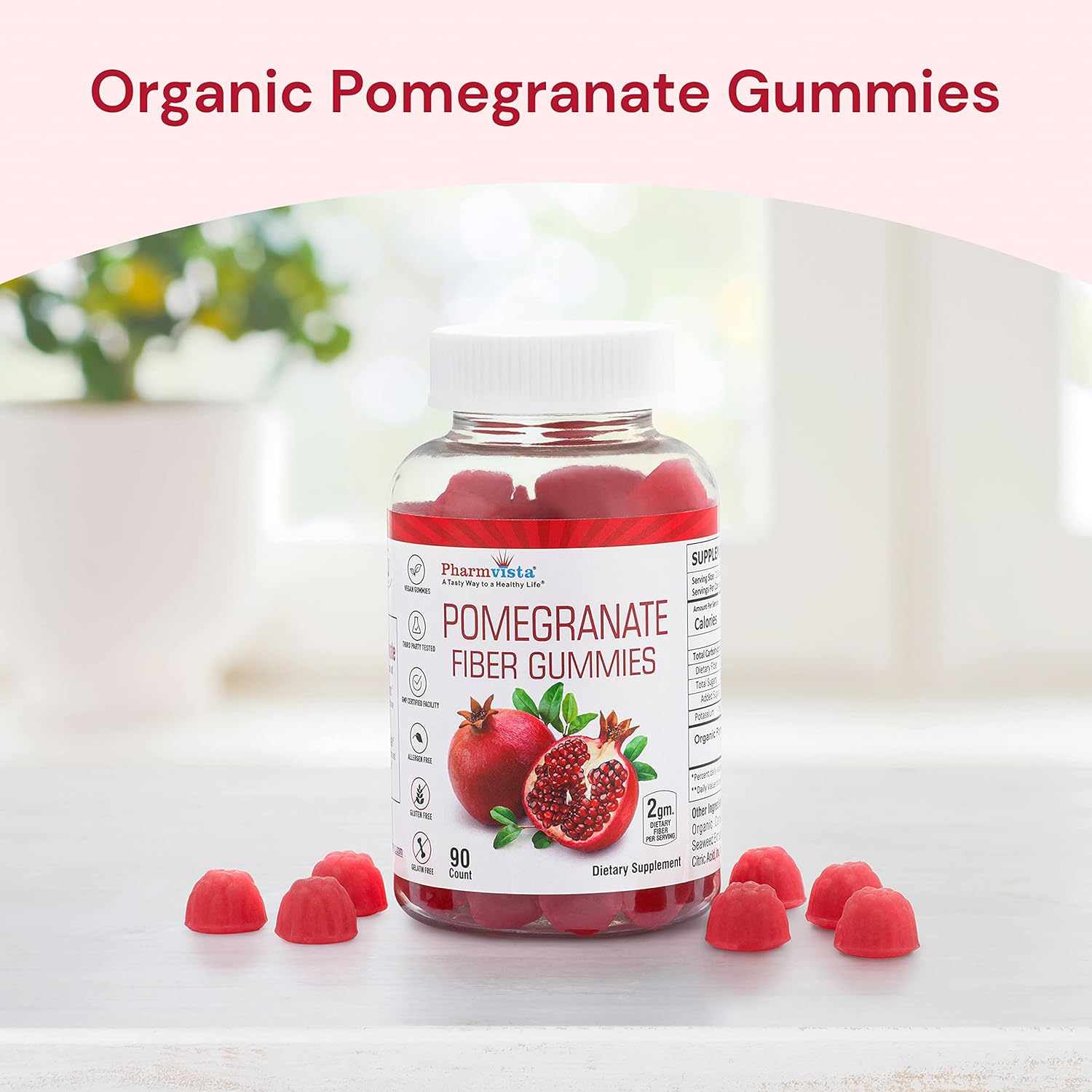 100mg Pomegranate Fiber Gummies for Adults & Kids - 90 Count, Gluten Free & Vegan Dietary Fiber Supplement Chewables