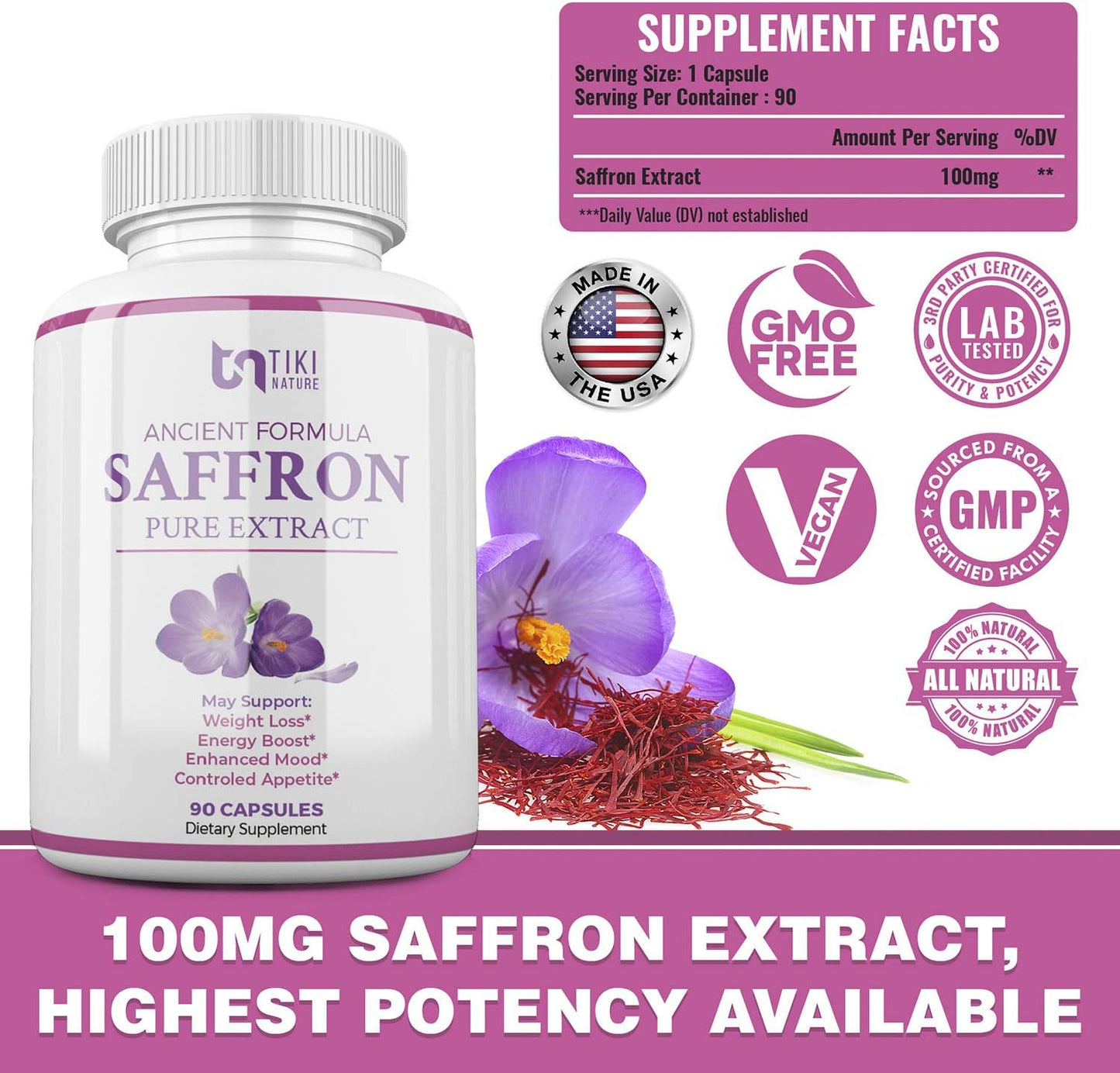 100mg Saffron Extract Supplement - Boost Mood, Eye & Heart Health - Antioxidant & Mood Support - TIKI NATURE