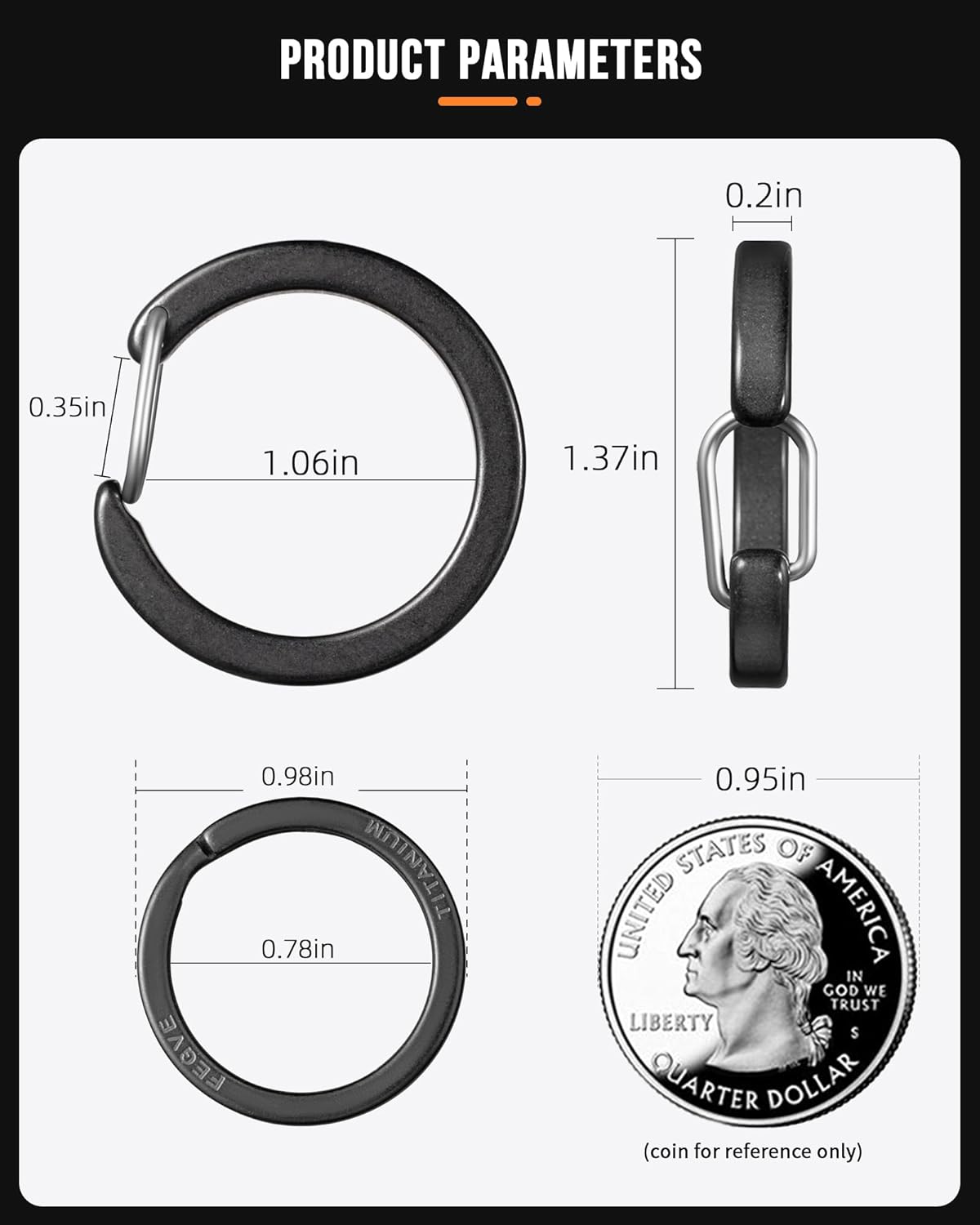 1.06" Titanium Black Spring Snap Hook Key Chain Clip for Keys and DIY Crafts by FEGVE - Round and Durable Carabiner Keychain