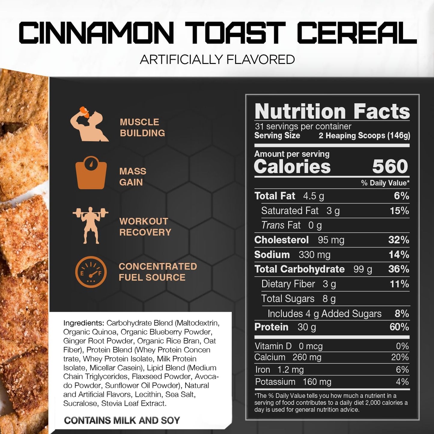 10lbs Rival Nutrition Clean Gainer in Cinnamon Toast Cereal Flavor - High-Quality Protein Supplement