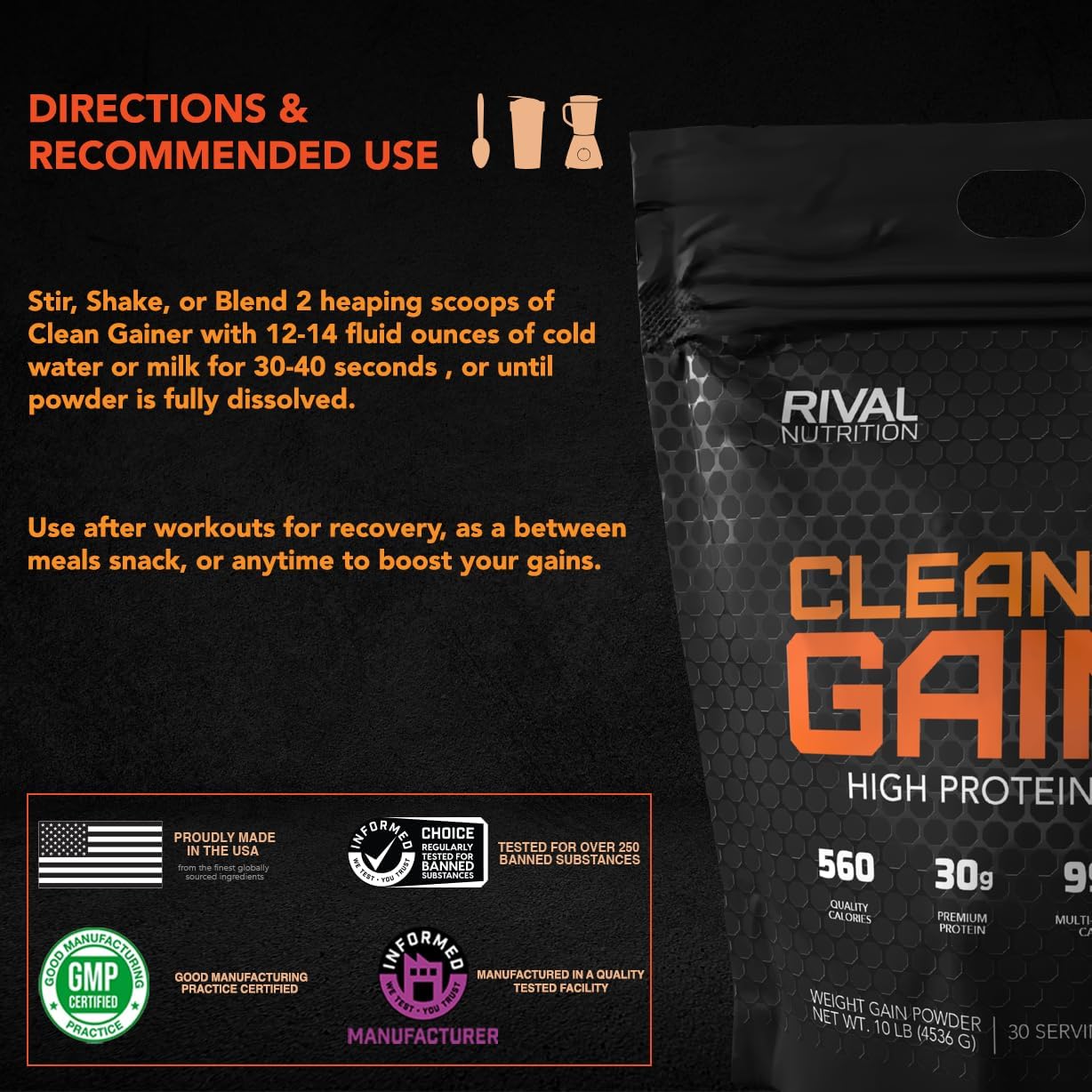 10lbs Rival Nutrition Clean Gainer in Cinnamon Toast Cereal Flavor - High-Quality Protein Supplement