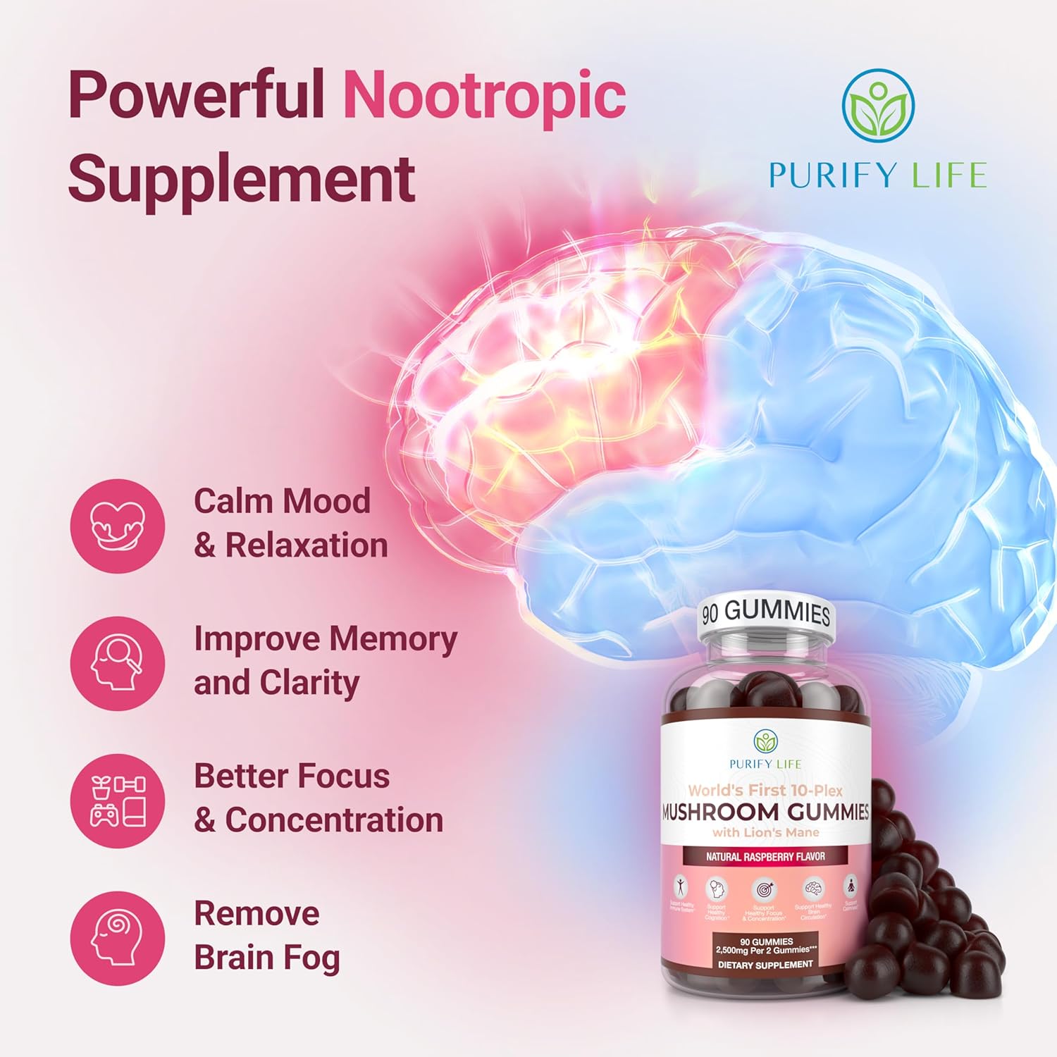 10x Mushroom Complex Gummies with Lions Mane - 90 Chews, 2500mg/serving - Nootropic Brain & Immune Support, Stress Relief - Replace Pills