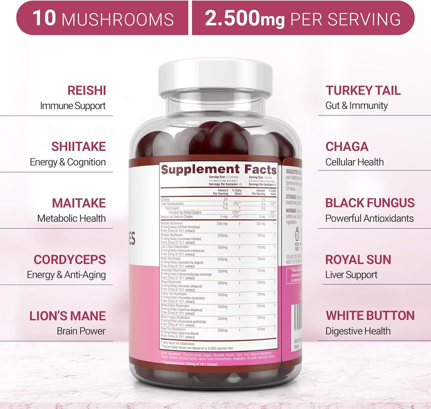 10x Mushroom Complex Gummies with Lions Mane - 90 Chews, 2500mg/serving - Nootropic Brain & Immune Support, Stress Relief - Replace Pills