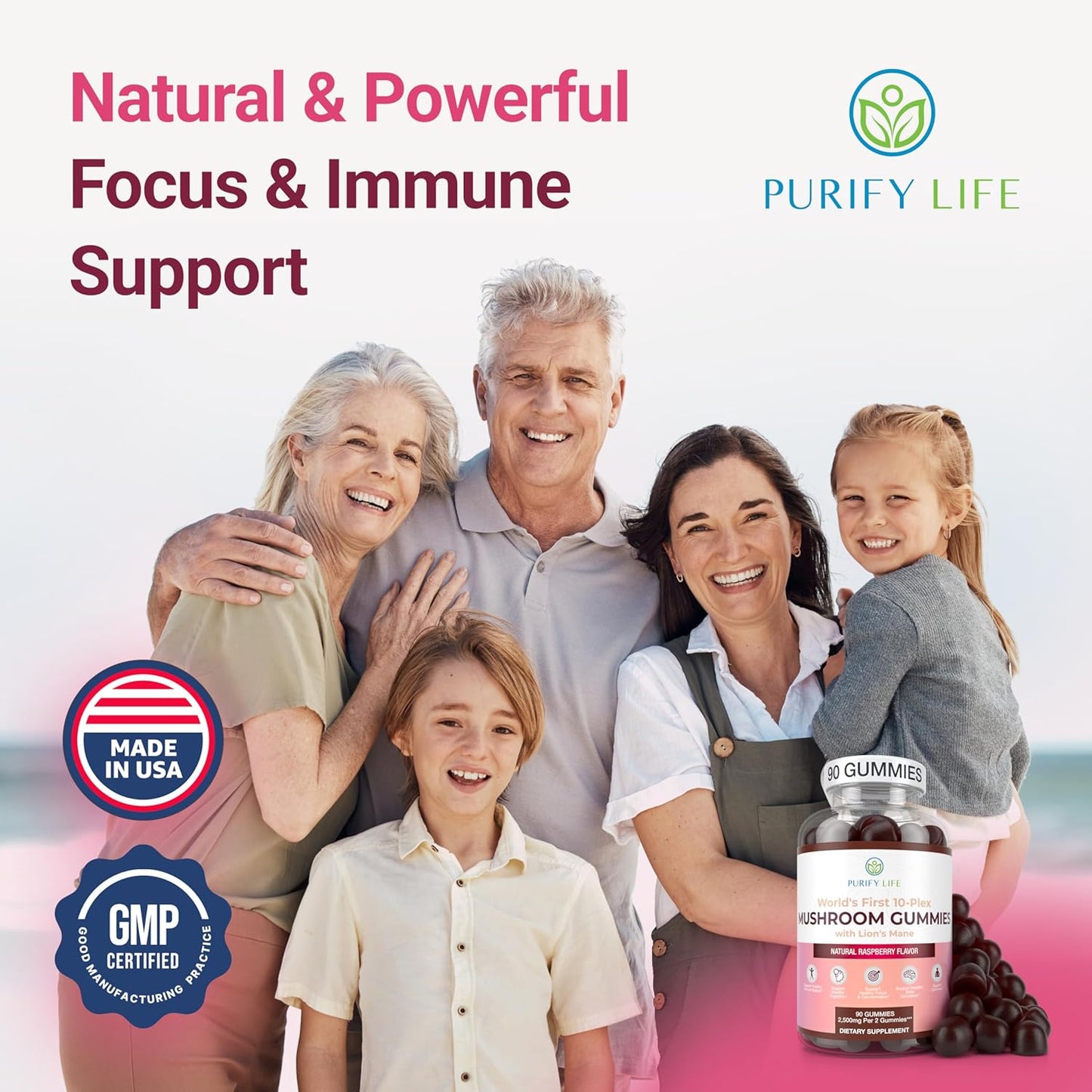 10x Mushroom Complex Gummies with Lions Mane - 90 Chews, 2500mg/serving - Nootropic Brain & Immune Support, Stress Relief - Replace Pills