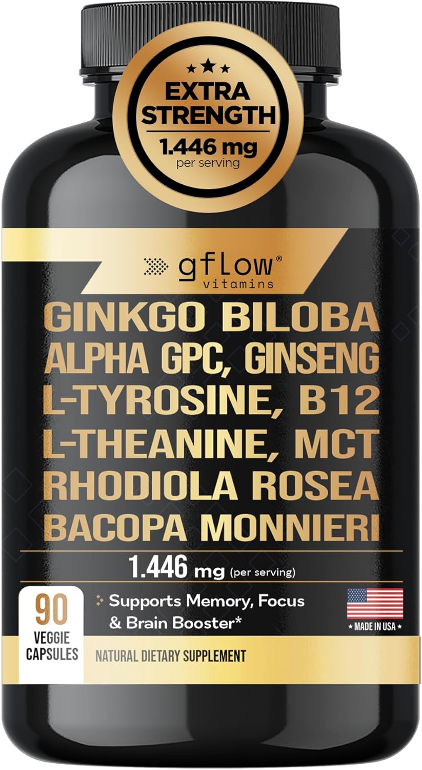 11-in-1 Alpha GPC with L Theanine, Ginkgo Biloba, Phosphatidylserine, Ginseng, Bacopa monnieri, L Tyrosine, Rhodiola rosea, VIT B12, MCT - Memory, Mental Clarity & Focus Supplement