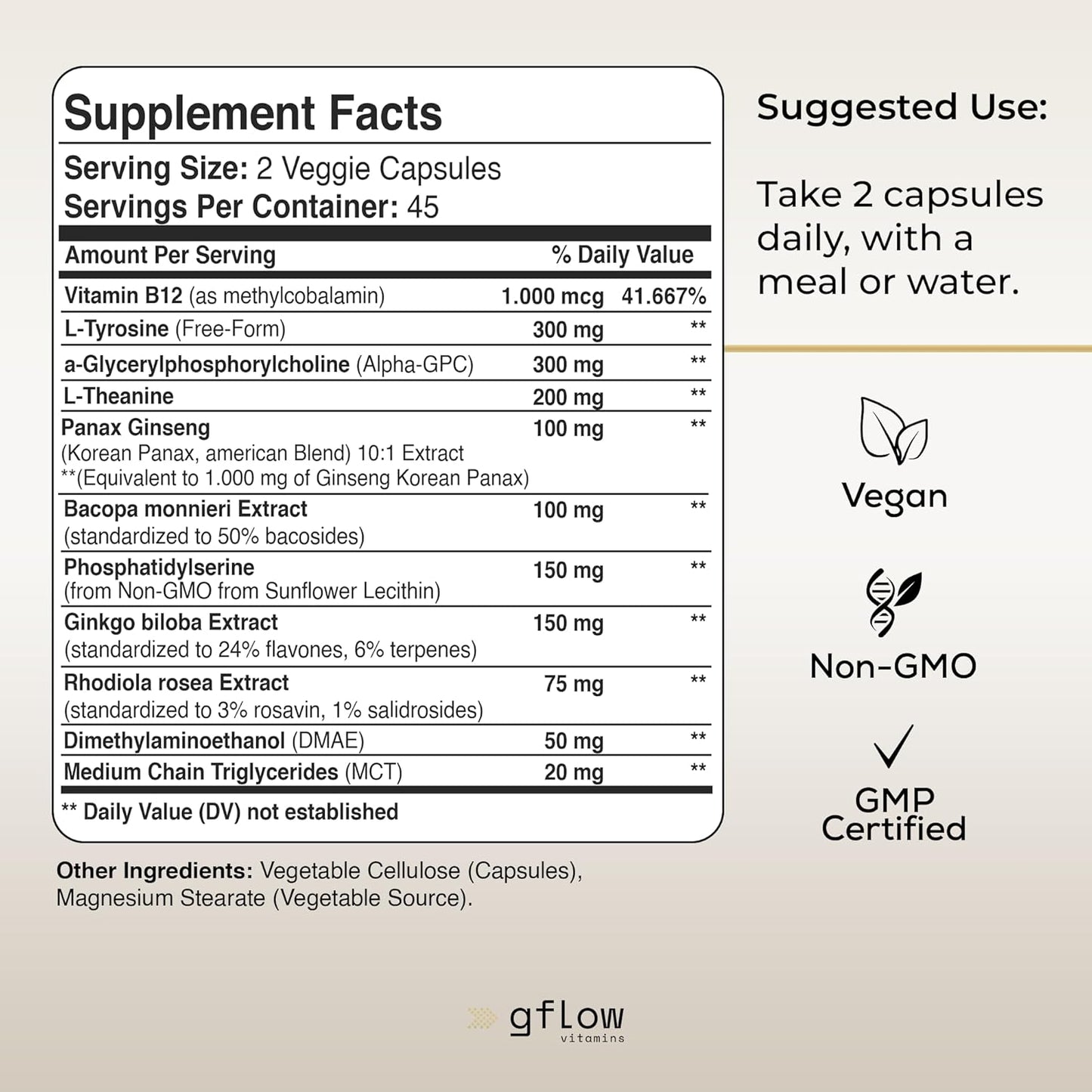 11-in-1 Alpha GPC with L Theanine, Ginkgo Biloba, Phosphatidylserine, Ginseng, Bacopa monnieri, L Tyrosine, Rhodiola rosea, VIT B12, MCT - Memory, Mental Clarity & Focus Supplement