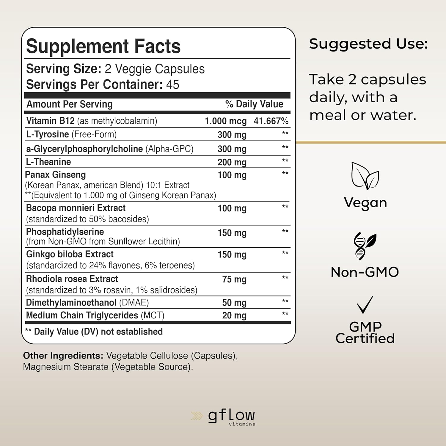 11-in-1 Alpha GPC with L Theanine, Ginkgo Biloba, Phosphatidylserine, Ginseng, Bacopa monnieri, L Tyrosine, Rhodiola rosea, VIT B12, MCT - Memory, Mental Clarity & Focus Supplement