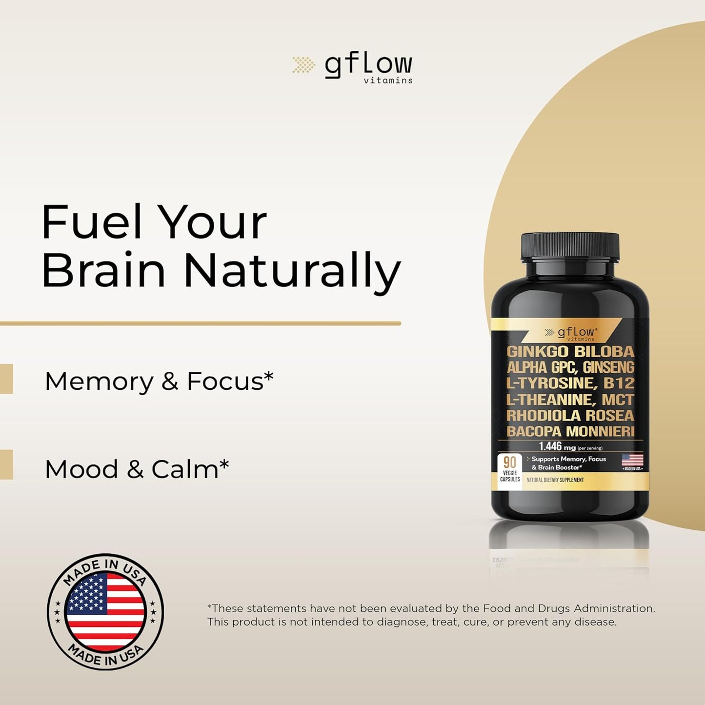 11-in-1 Alpha GPC with L Theanine, Ginkgo Biloba, Phosphatidylserine, Ginseng, Bacopa monnieri, L Tyrosine, Rhodiola rosea, VIT B12, MCT - Memory, Mental Clarity & Focus Supplement
