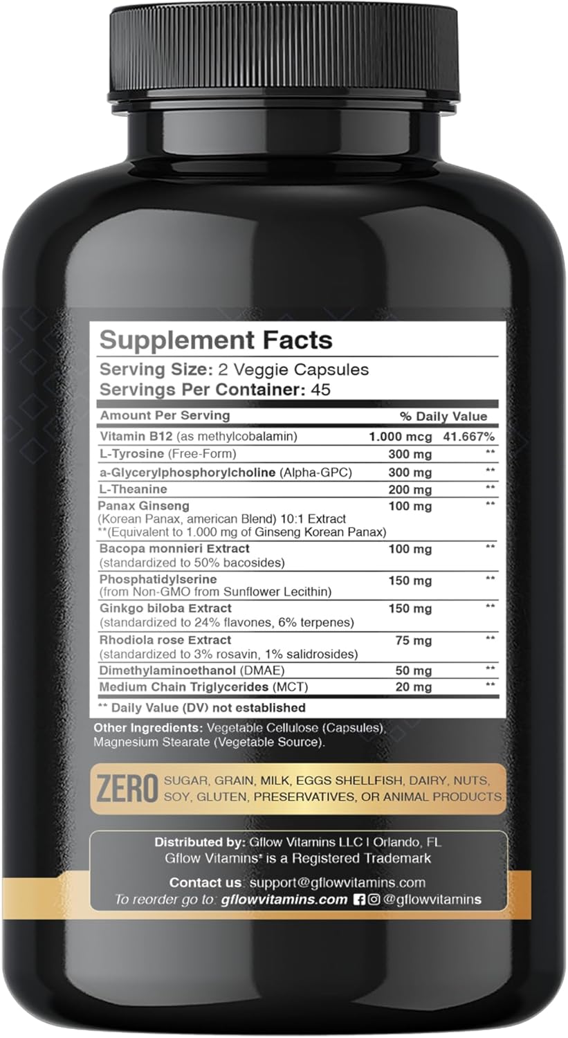11-in-1 Alpha GPC with L Theanine, Ginkgo Biloba, Phosphatidylserine, Ginseng, Bacopa monnieri, L Tyrosine, Rhodiola rosea, VIT B12, MCT - Memory, Mental Clarity & Focus Supplement