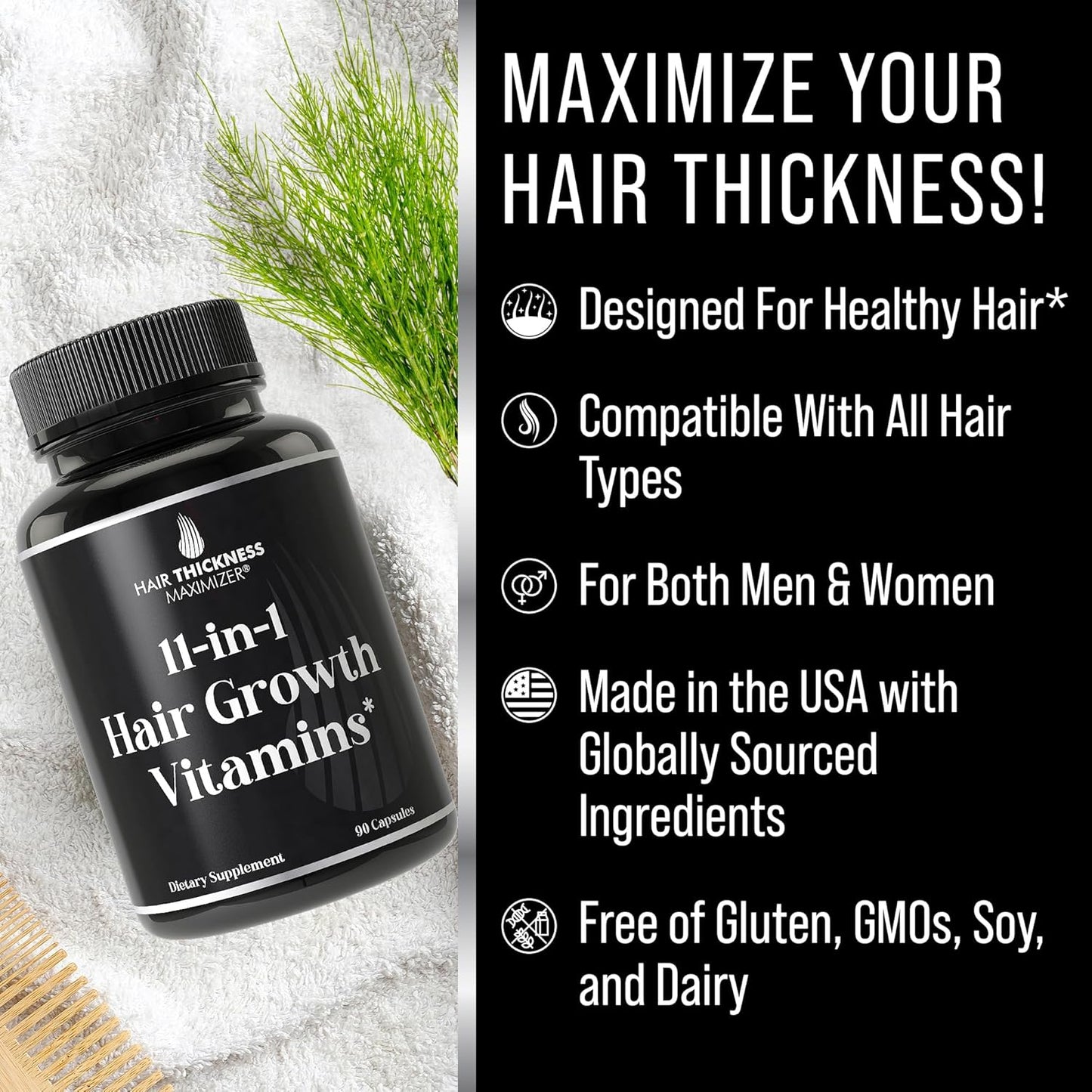 11-in-1 Hair Growth Vitamins with Biotin & Saw Palmetto - Vegan Hair Strength Supplement for Thicker Hair