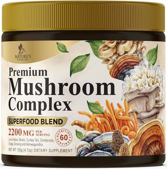 11-in-1 Mushroom Extract Powder Supplement with Organic Lions Mane, Reishi, Cordyceps, Chaga, Turkey Tail, Maitake for Memory, Energy, Focus, & Immune Support - 60 Servings