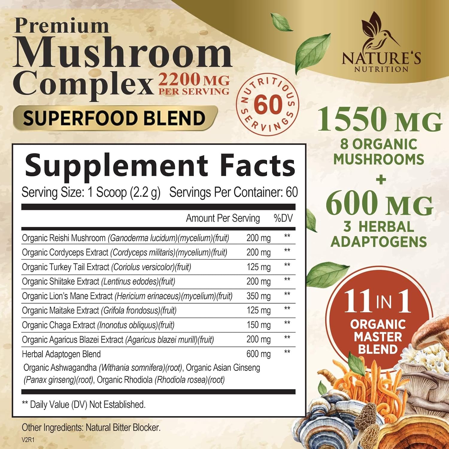 11-in-1 Mushroom Extract Powder Supplement with Organic Lions Mane, Reishi, Cordyceps, Chaga, Turkey Tail, Maitake for Memory, Energy, Focus, & Immune Support - 60 Servings