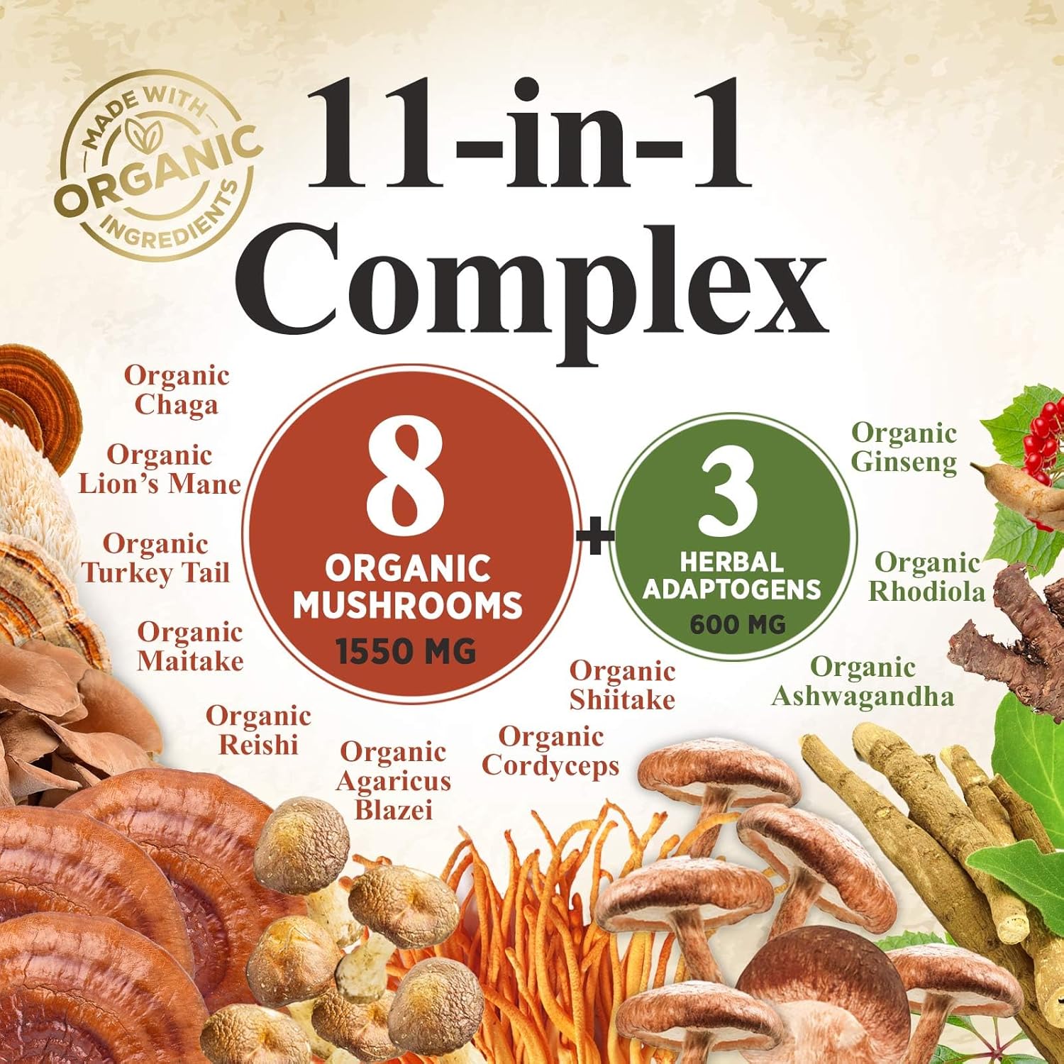 11-in-1 Mushroom Extract Powder Supplement with Organic Lions Mane, Reishi, Cordyceps, Chaga, Turkey Tail, Maitake for Memory, Energy, Focus, & Immune Support - 60 Servings