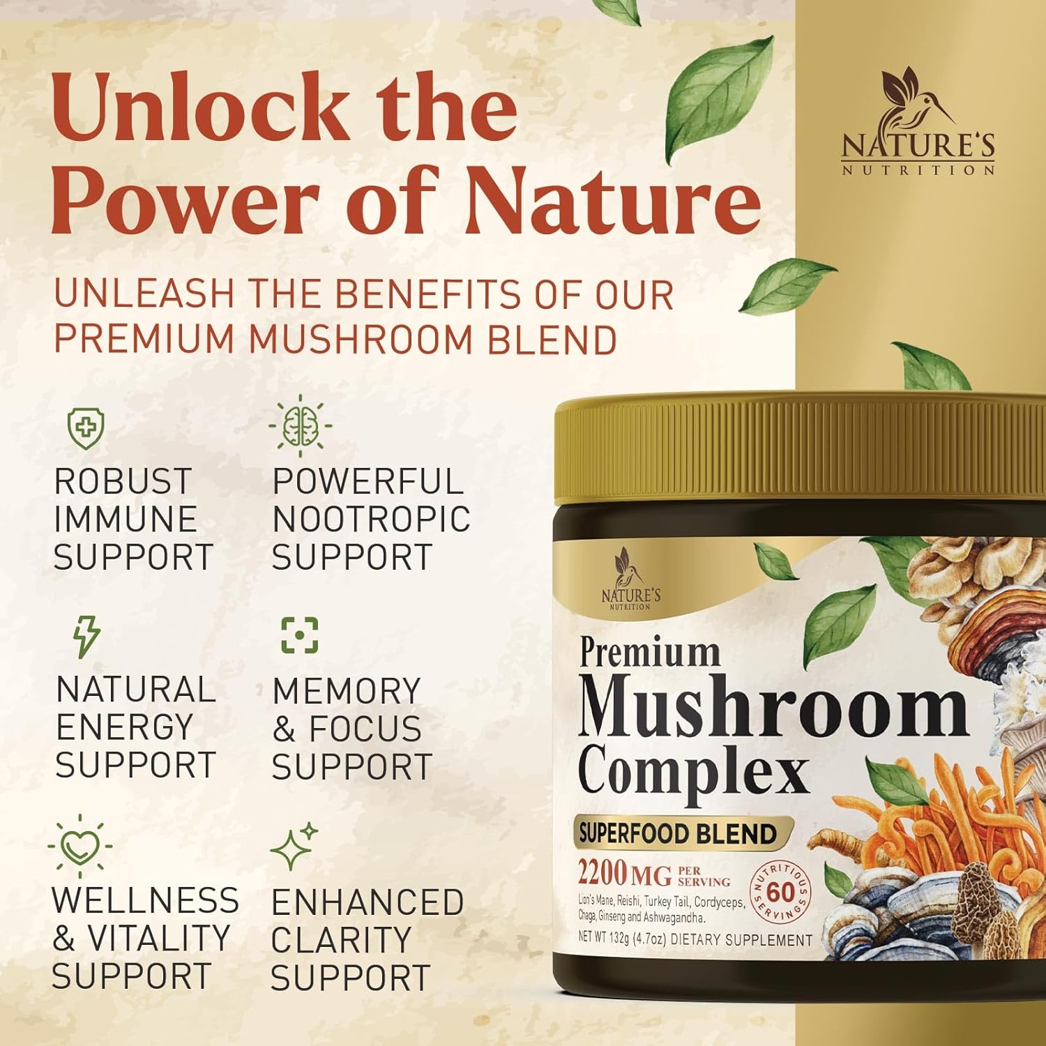 11-in-1 Mushroom Extract Powder Supplement with Organic Lions Mane, Reishi, Cordyceps, Chaga, Turkey Tail, Maitake for Memory, Energy, Focus, & Immune Support - 60 Servings