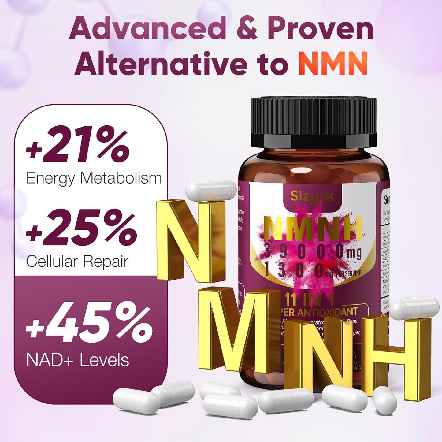 11-in-1 NMNH NAD+ Supplement 600mg - Resveratrol, CoQ10 - Anti-Aging Support - 60 Count - 30 Day Supply