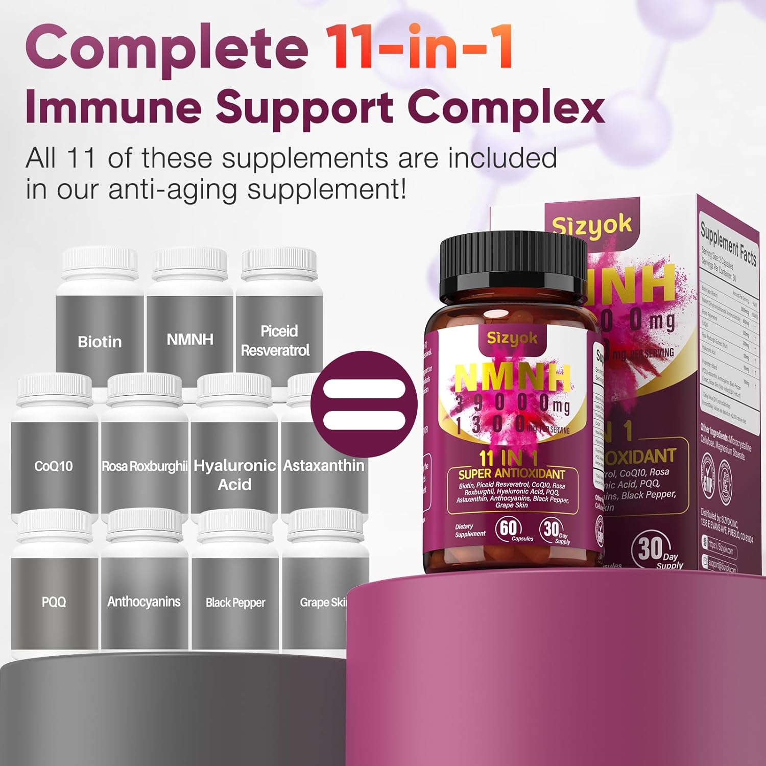 11-in-1 NMNH NAD+ Supplement with Resveratrol and CoQ10, 600mg - Anti-Aging Support - 60 Count