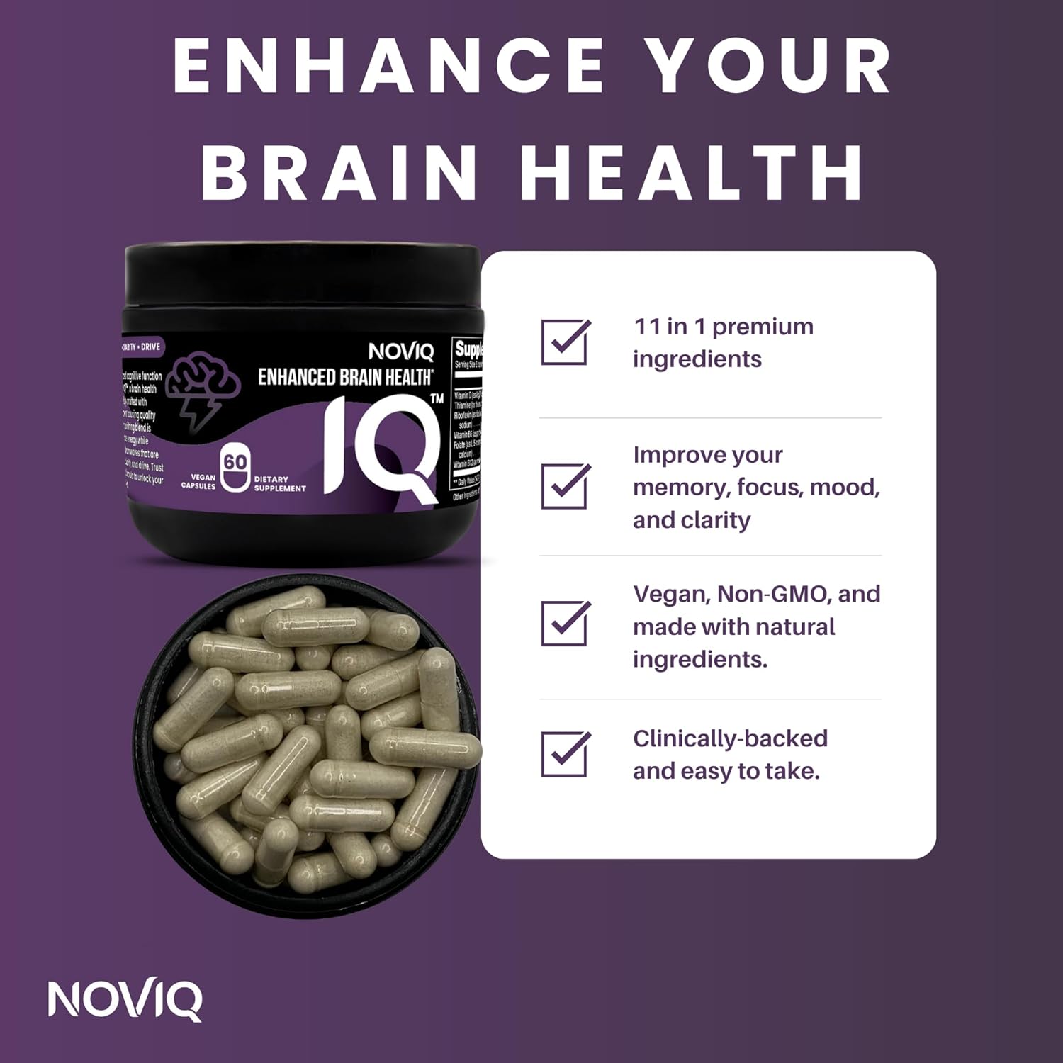 11-in-1 Nootropic Brain Supplement for Memory & Cognition - Vegan, Non-GMO, Caffeine Free (60 Count)