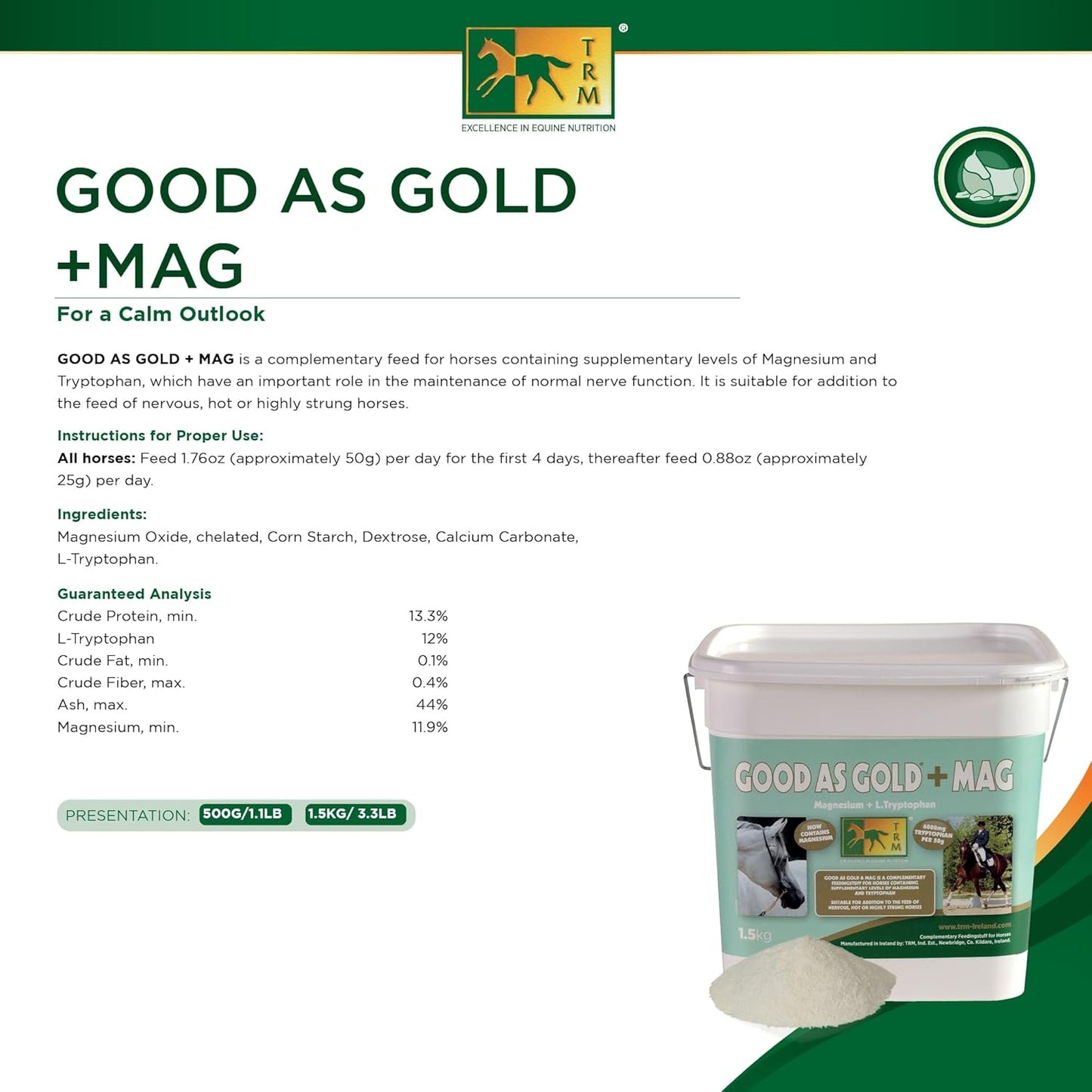 1.1 lb TRM Good as Gold + MAG Calming Supplement for Horses | Supports Relaxation and Focus with Tryptophan and Magnesium