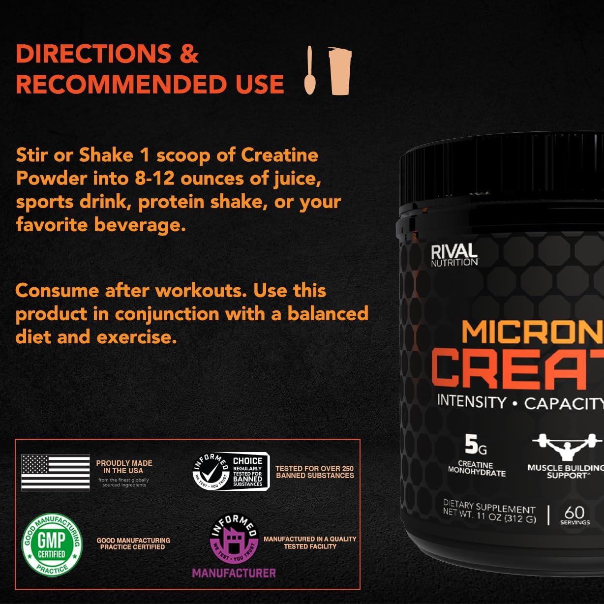 11 oz. Unflavored Rival Nutrition Micronized Creatine Powder