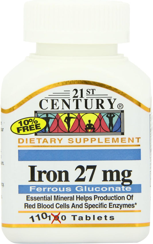 110 Count 21st Century Iron 27 Mg Ferrous Gluconate Tablets, Pack of Two - Promotes Healthy Iron Levels and Energy Support