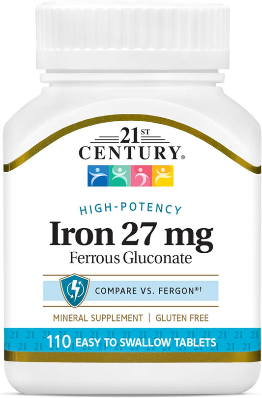 110 Count 21st Century Iron 27 Mg Ferrous Gluconate Tablets for Daily Iron Supplement
