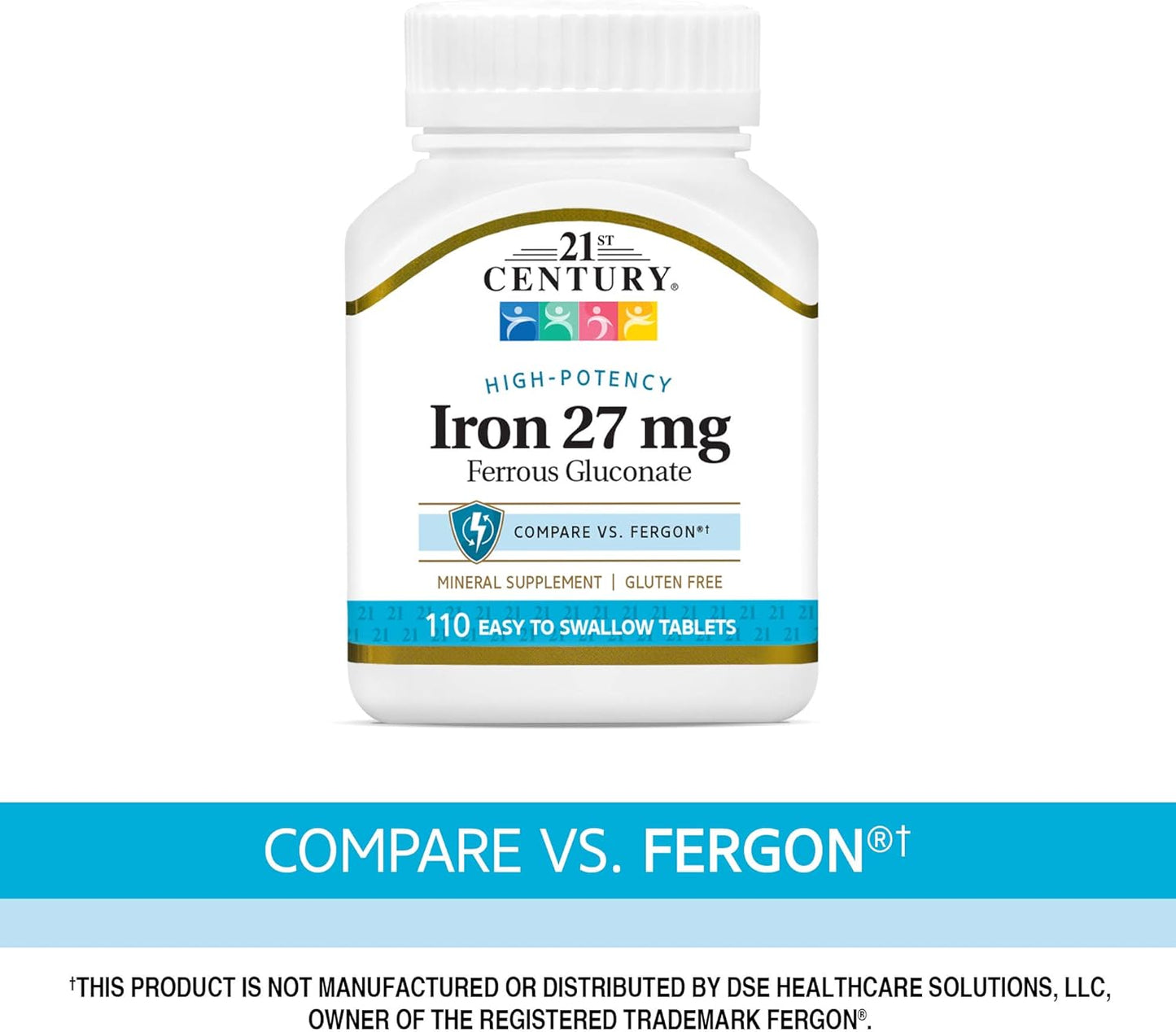 110 Count 21st Century Iron 27 Mg Ferrous Gluconate Tablets for Daily Iron Supplement