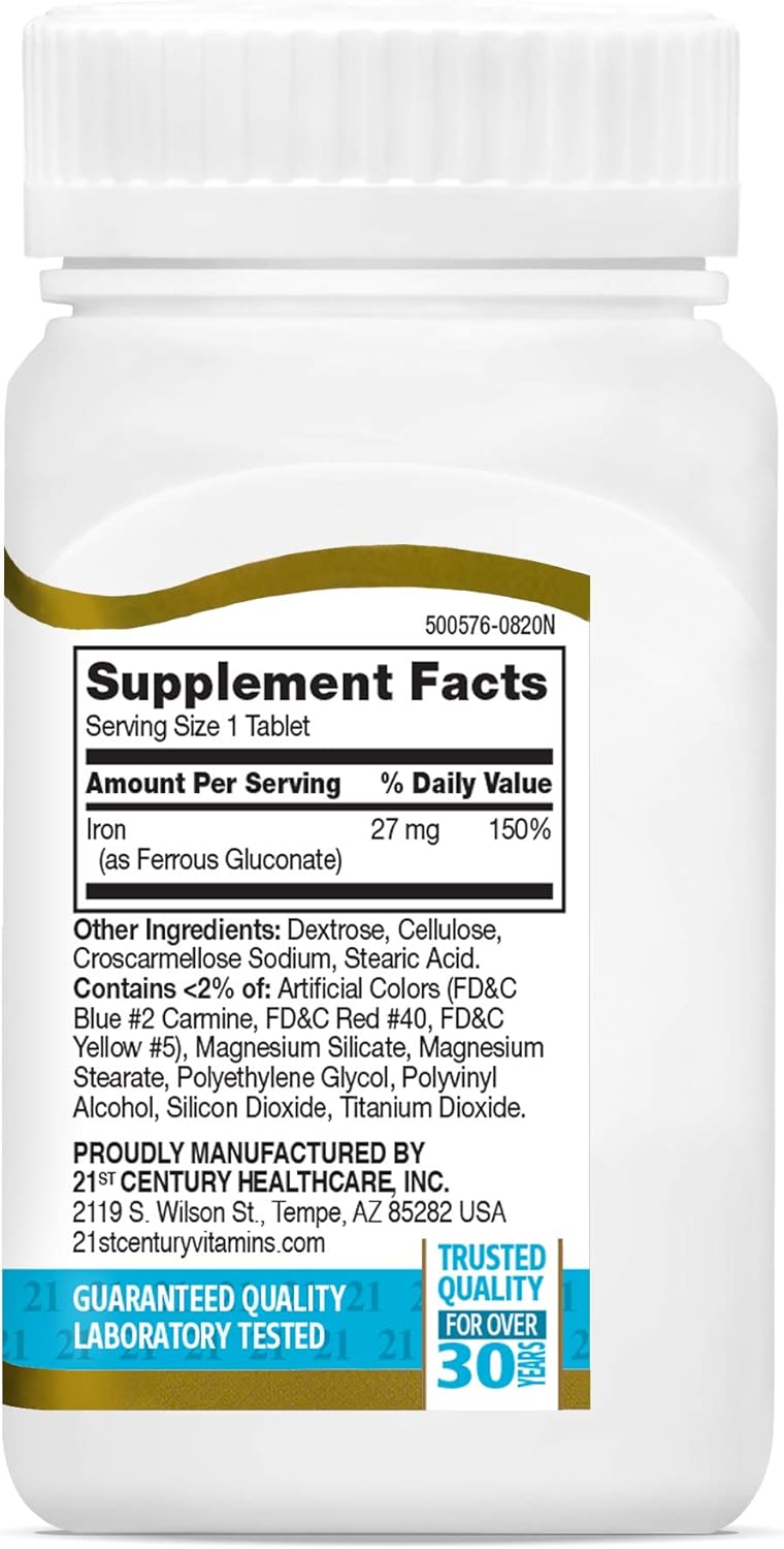 110 Count 21st Century Iron 27 Mg Ferrous Gluconate Tablets for Daily Iron Supplement