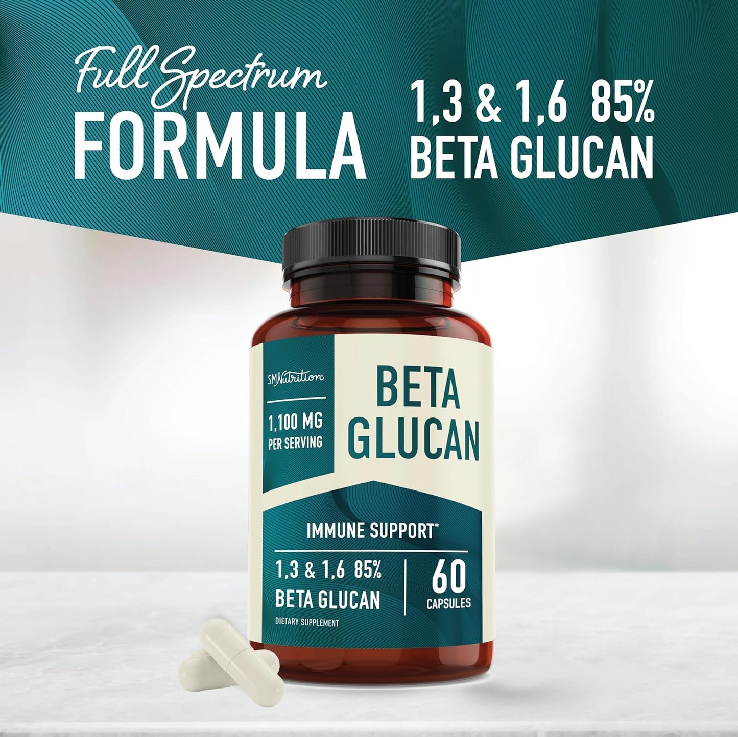 1100mg Beta Glucan Supplement for Immunity, Skin & Gut Support - Extra Strength Formula with 70% Concentration - Non-GMO, Vegan, Gluten-Free - 60 Capsules