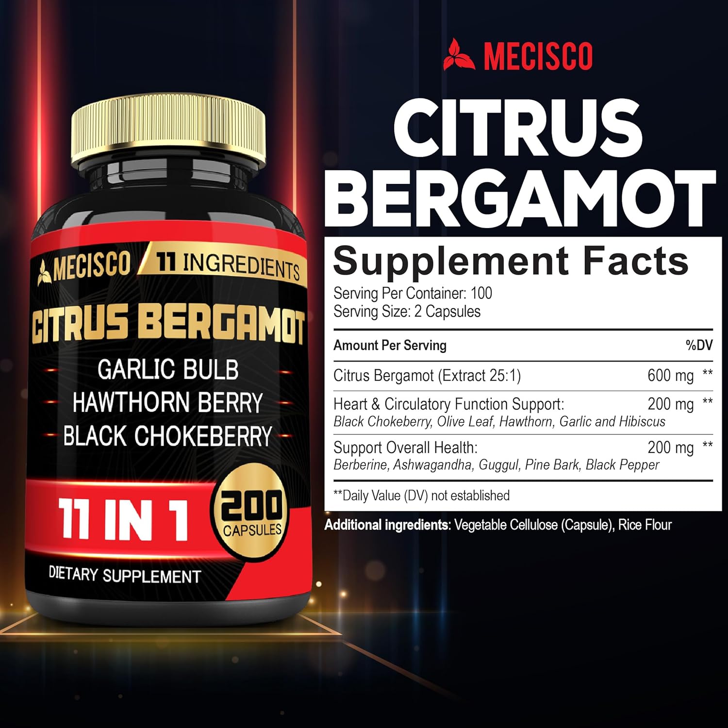 11in1 Citrus Bergamot Supplement 1000mg with Olive Leaf, Hawthorn Berry, Guggul, Garlic - Promotes Immunity, Circulatory Health - 200 Capsules