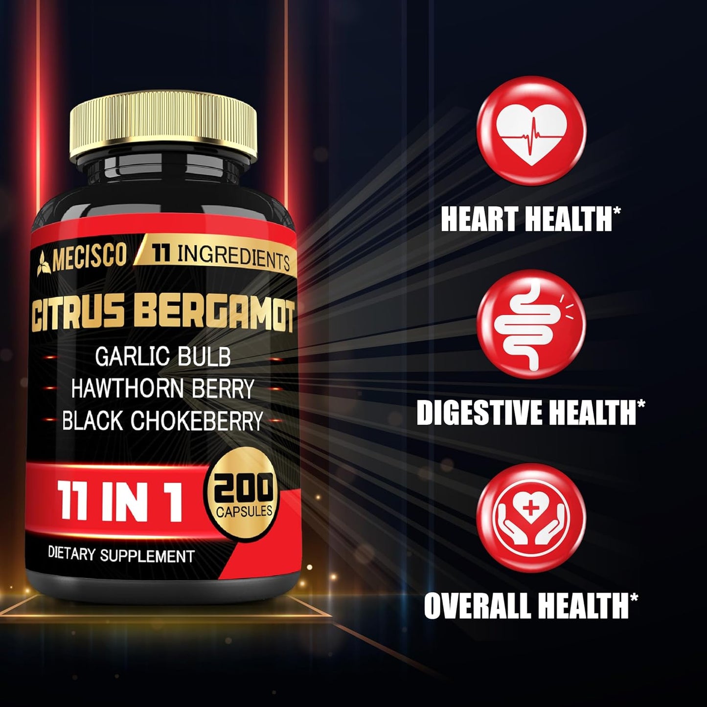 11in1 Citrus Bergamot Supplement 1000mg with Olive Leaf, Hawthorn Berry, Guggul, Garlic - Promotes Immunity, Circulatory Health - 200 Capsules