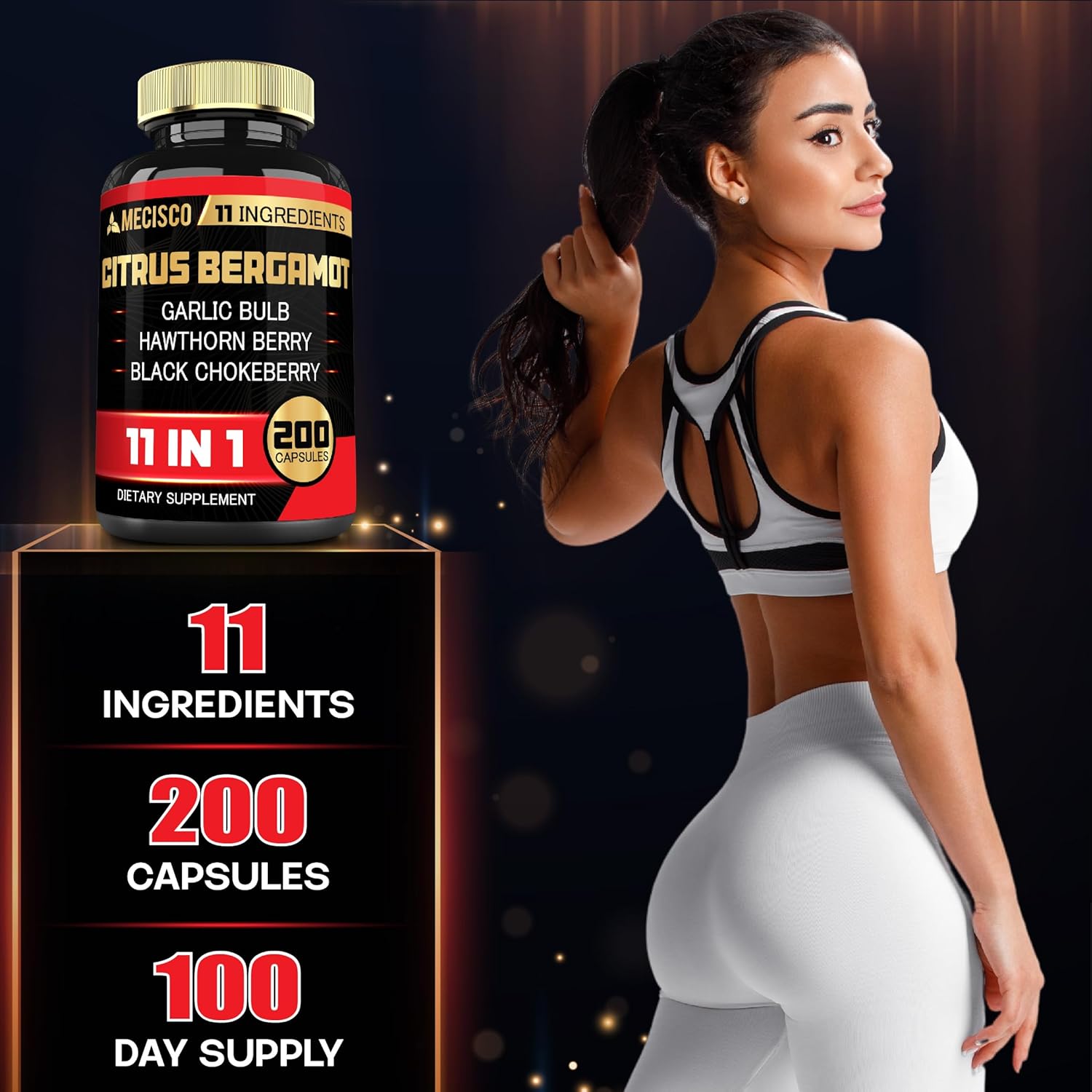 11in1 Citrus Bergamot Supplement 1000mg with Olive Leaf, Hawthorn Berry, Guggul, Garlic - Promotes Immunity, Circulatory Health - 200 Capsules