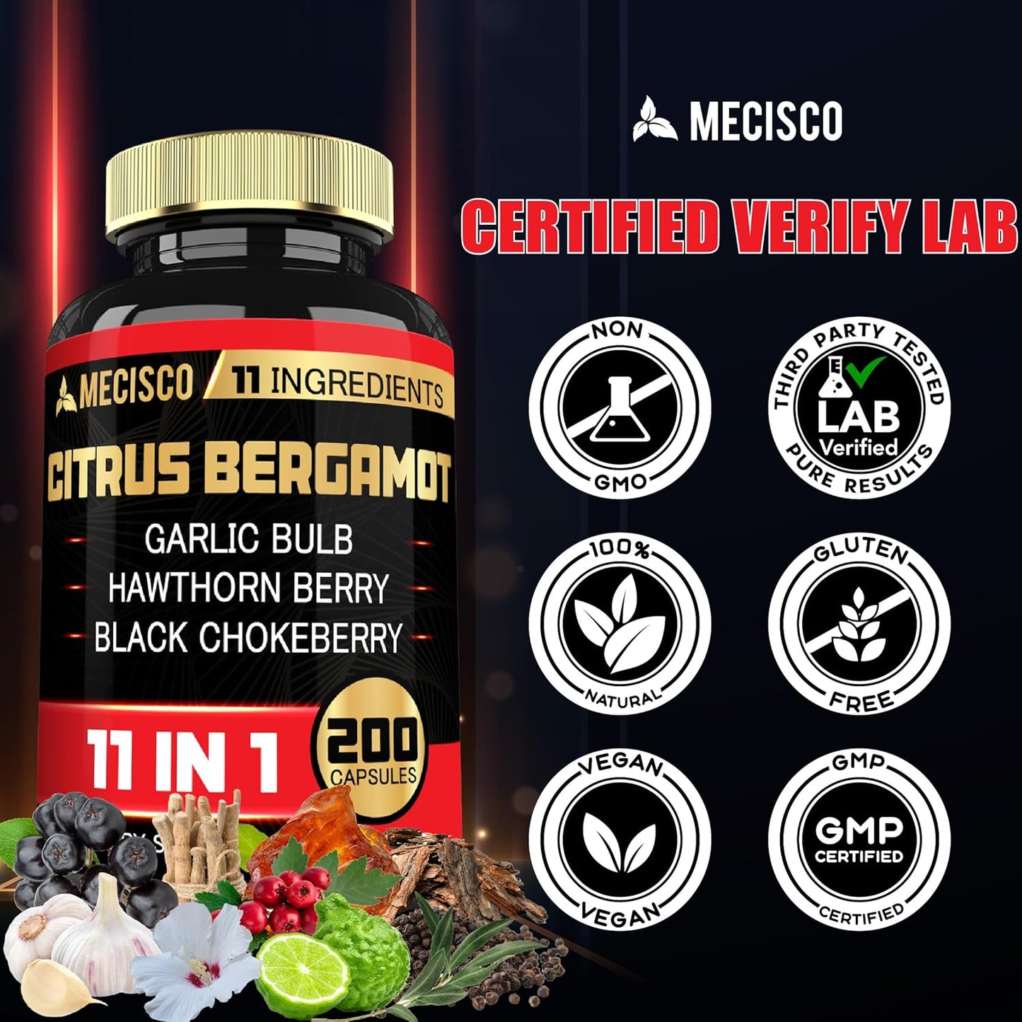 11in1 Citrus Bergamot Supplement 1000mg with Olive Leaf, Hawthorn Berry, Guggul, Garlic - Promotes Immunity, Circulatory Health - 200 Capsules