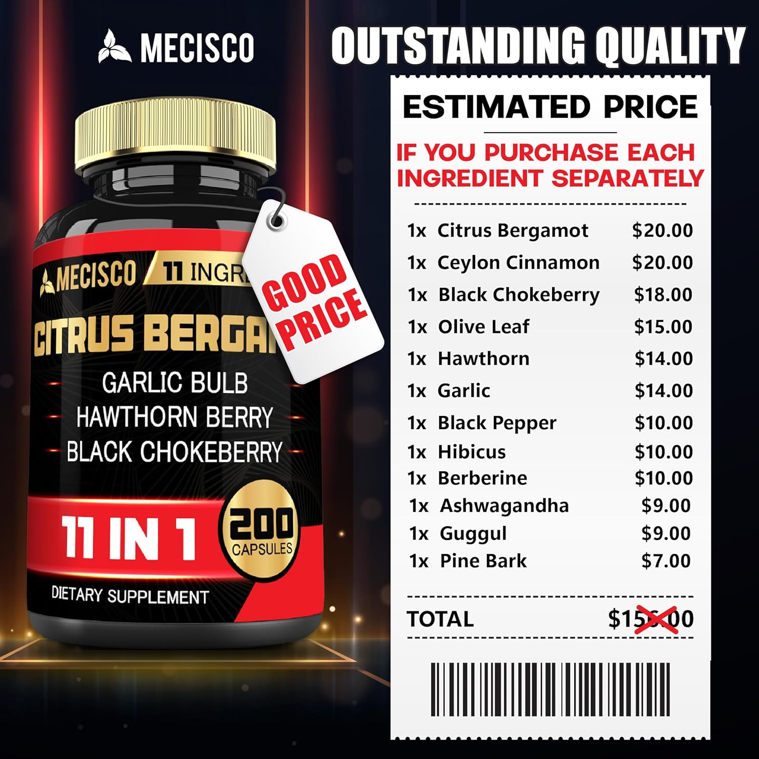 11in1 Citrus Bergamot Supplement 1000mg with Olive Leaf, Hawthorn Berry, Guggul, Garlic - Promotes Immunity, Circulatory Health - 200 Capsules