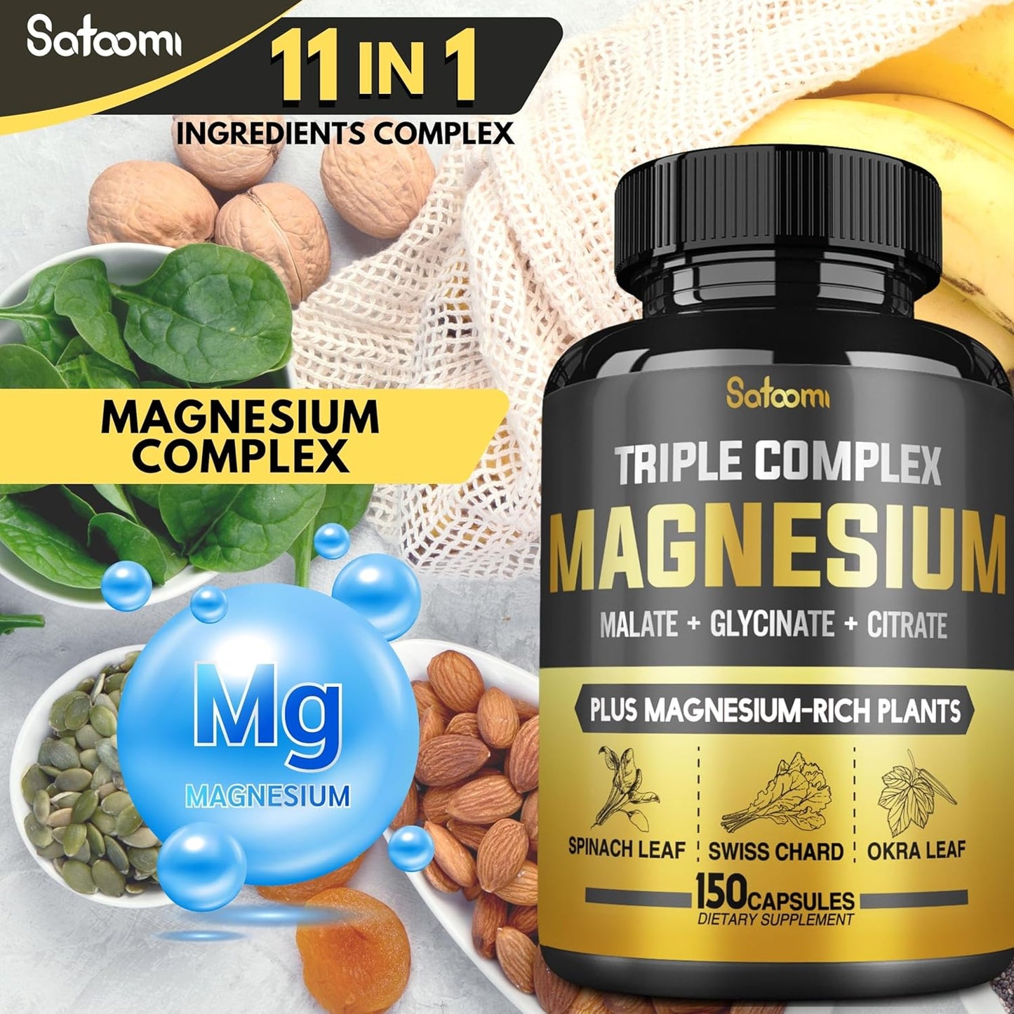 11in1 Magnesium Complex Capsules - 15500 mg - Muscle, Joint, Heart & Digestive Support - 150 Count