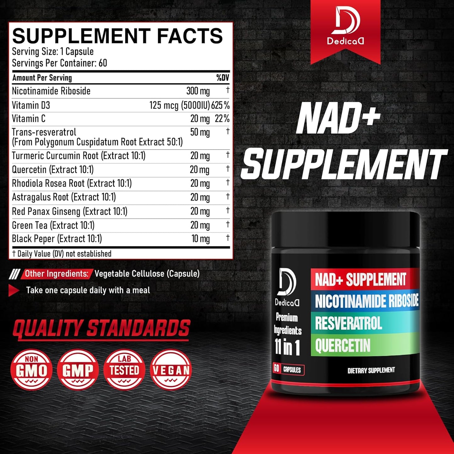 11in1 NAD+ Supplement with Liposomal NR, Quercetin, Resveratrol - Cellular Energy & Repair, Healthy Aging - 2 Month Supply