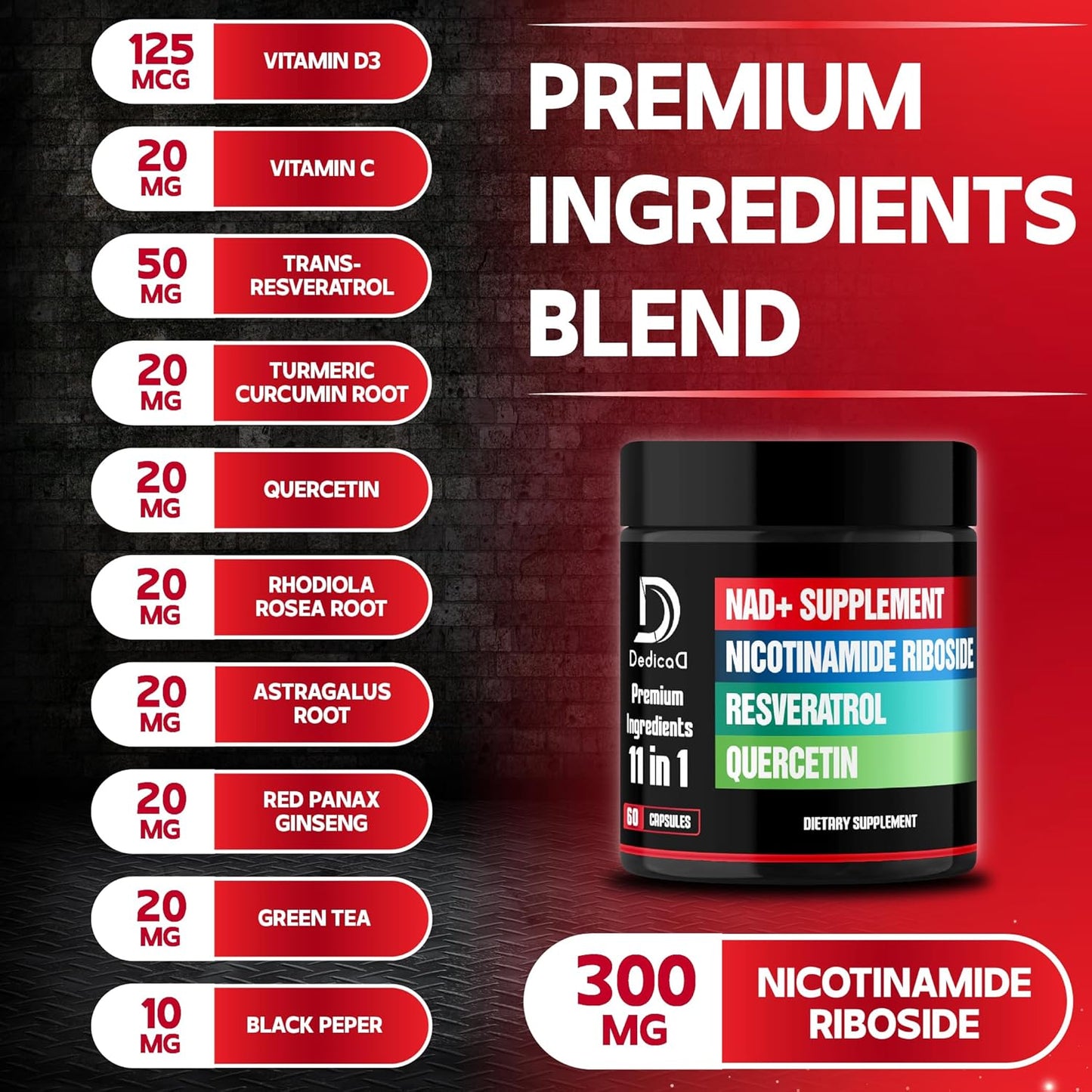 11in1 NAD+ Supplement with Liposomal NR, Quercetin, Resveratrol - Cellular Energy & Repair, Healthy Aging - 2 Month Supply