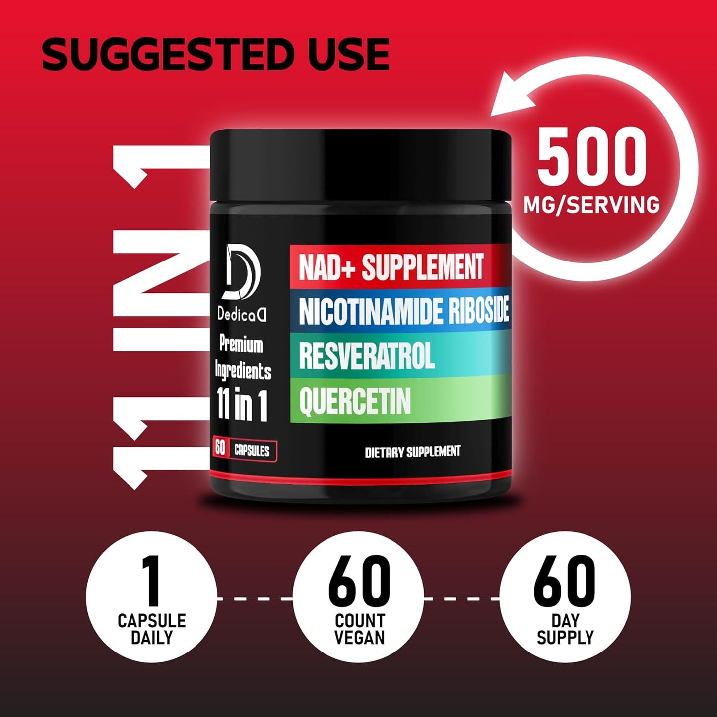 11in1 NAD+ Supplement with Liposomal NR, Quercetin, Resveratrol - Cellular Energy & Repair, Healthy Aging - 2 Month Supply