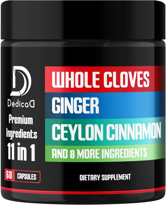 11in1 Whole Clove Supplement with Ginger Root, Ceylon Cinnamon - Digestive, Immune System, Mood Support - 60 Capsules