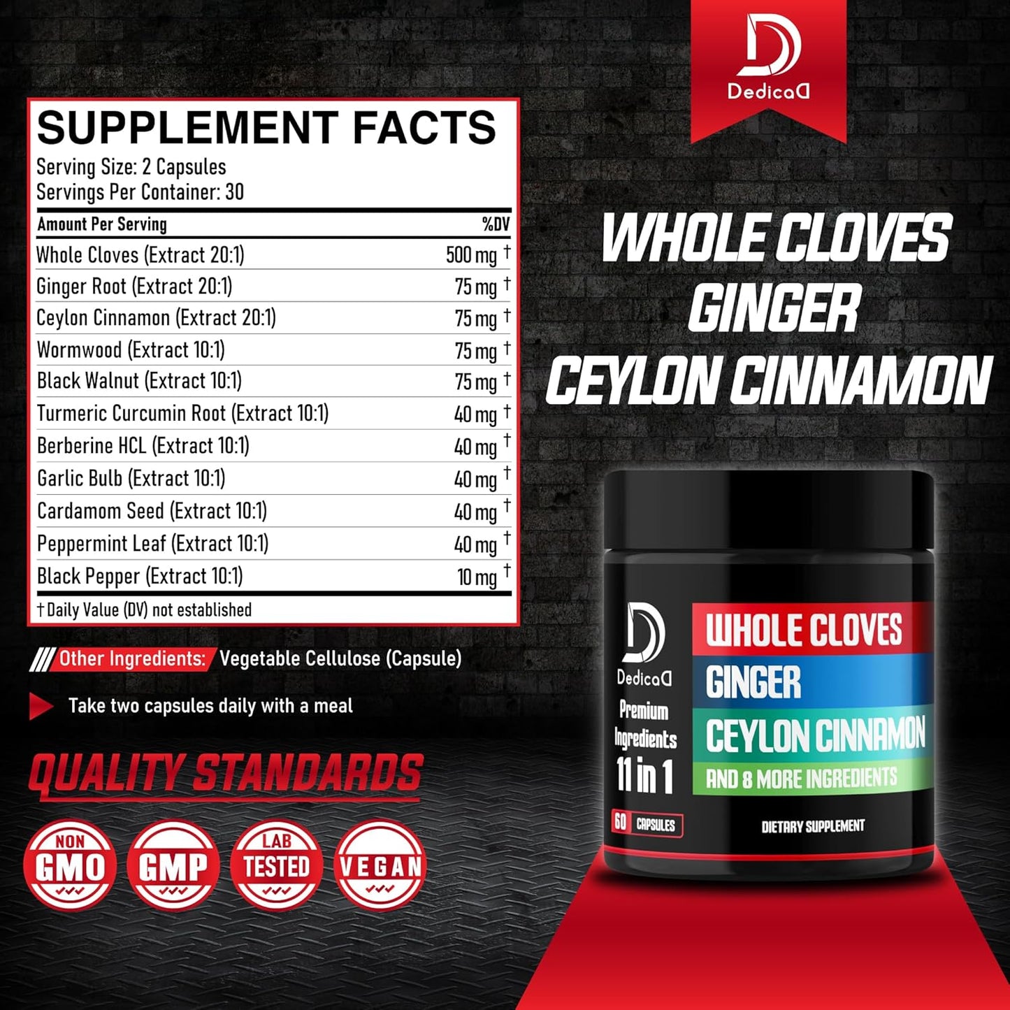 11in1 Whole Clove Supplement with Ginger Root, Ceylon Cinnamon - Digestive, Immune System, Mood Support - 60 Capsules